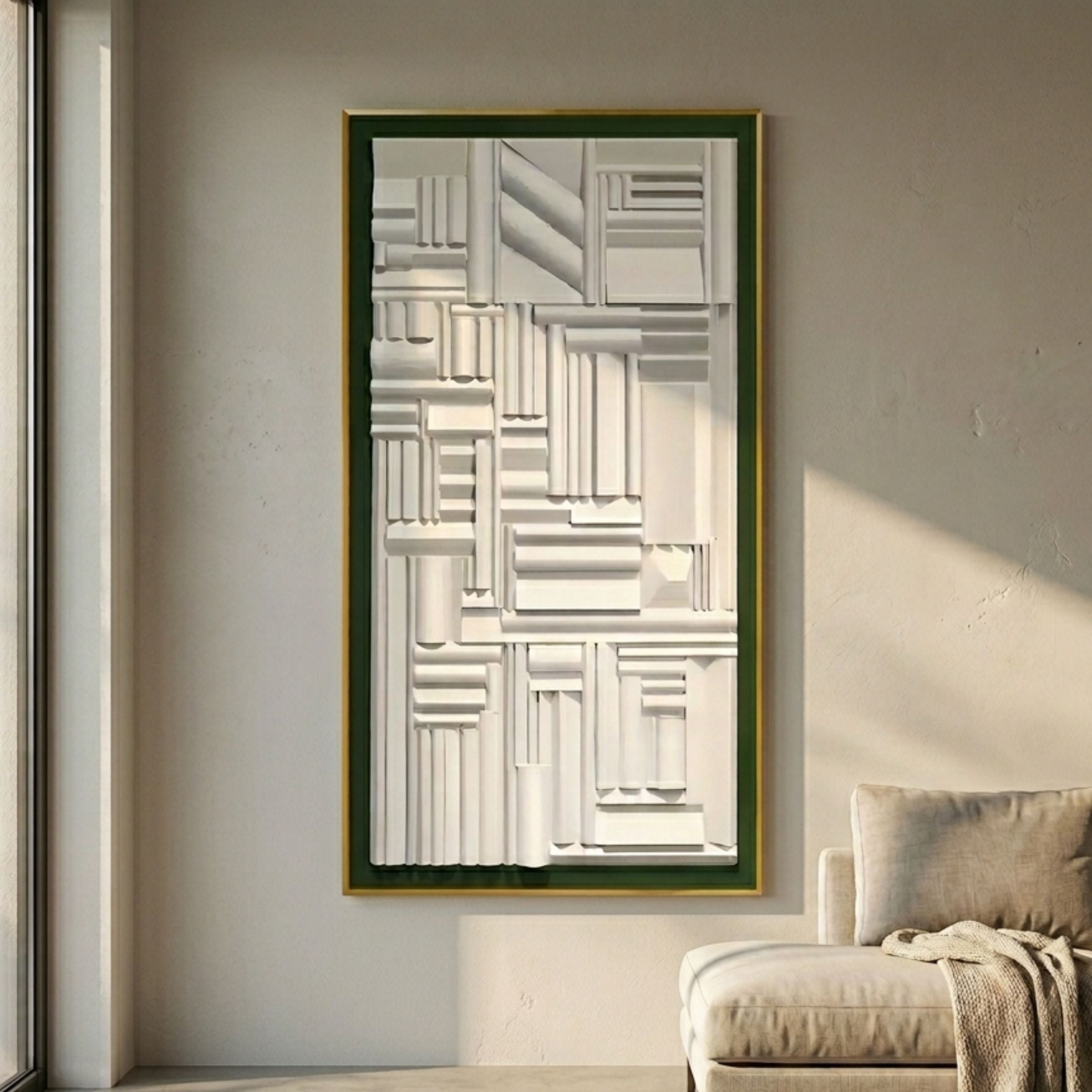 Forma Green-Edge & White Geometric 3D Wooden Vertical Wall Art by Giant Sculptures, displayed on a cream wall beside a linen armchair in a sunlit room.