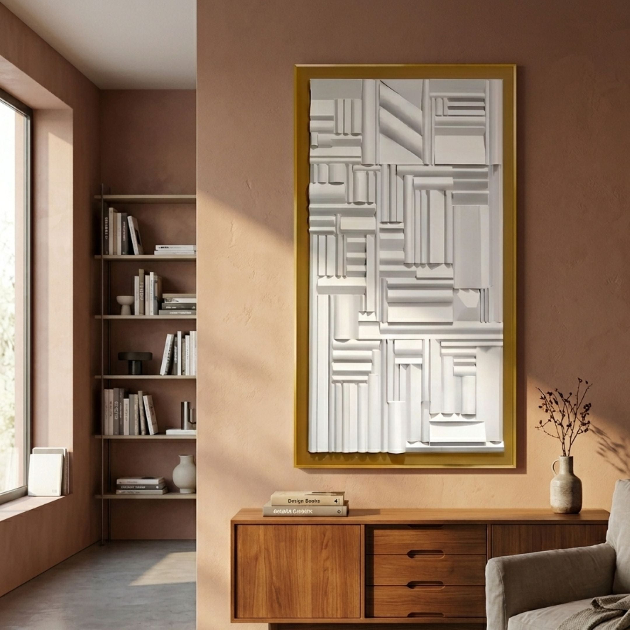 Forma Gold-Edge & White Geometric 3D Wooden Vertical Wall Art