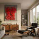 Urbanic Red Welcome Script 3D Wooden Graffiti Wall Art by Giant Sculptures displayed above a walnut sideboard in a modern living room with leather lounge chair.