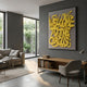 Urbanic Yellow Welcome Script 3D Wooden Graffiti Wall Art by Giant Sculptures, displayed on a grey wall above a wooden console in a modern living room.