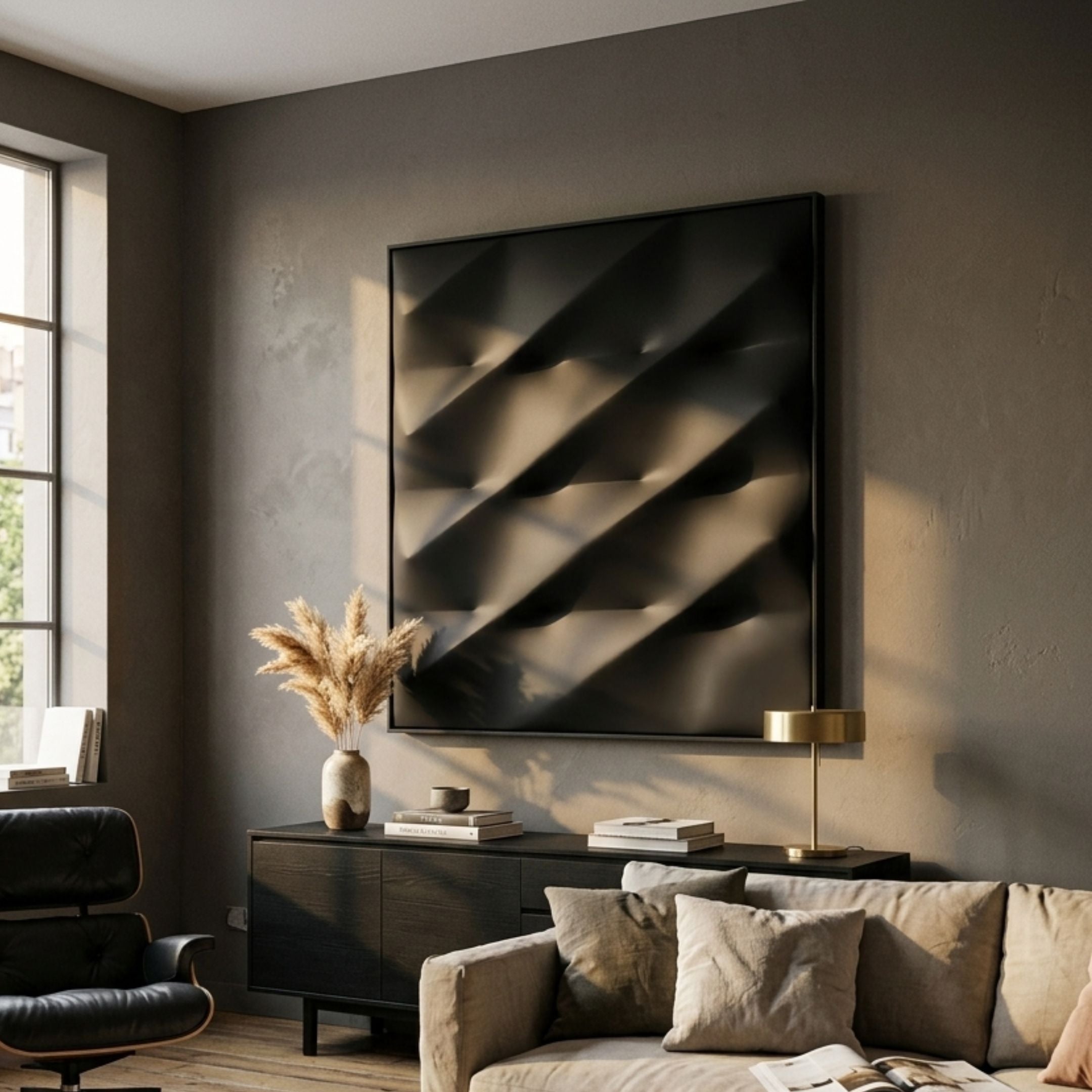 Verto Black Stretch Fabric Layered Wooden 3D Wall Art by Giant Sculptures mounted above a black sideboard in a grey-walled living room with pampas grass.