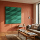 Verto Emerald Green Stretch Fabric Layered Wooden 3D Wall Art with diagonal ridges, mounted on a terracotta wall above a sofa and coffee table.