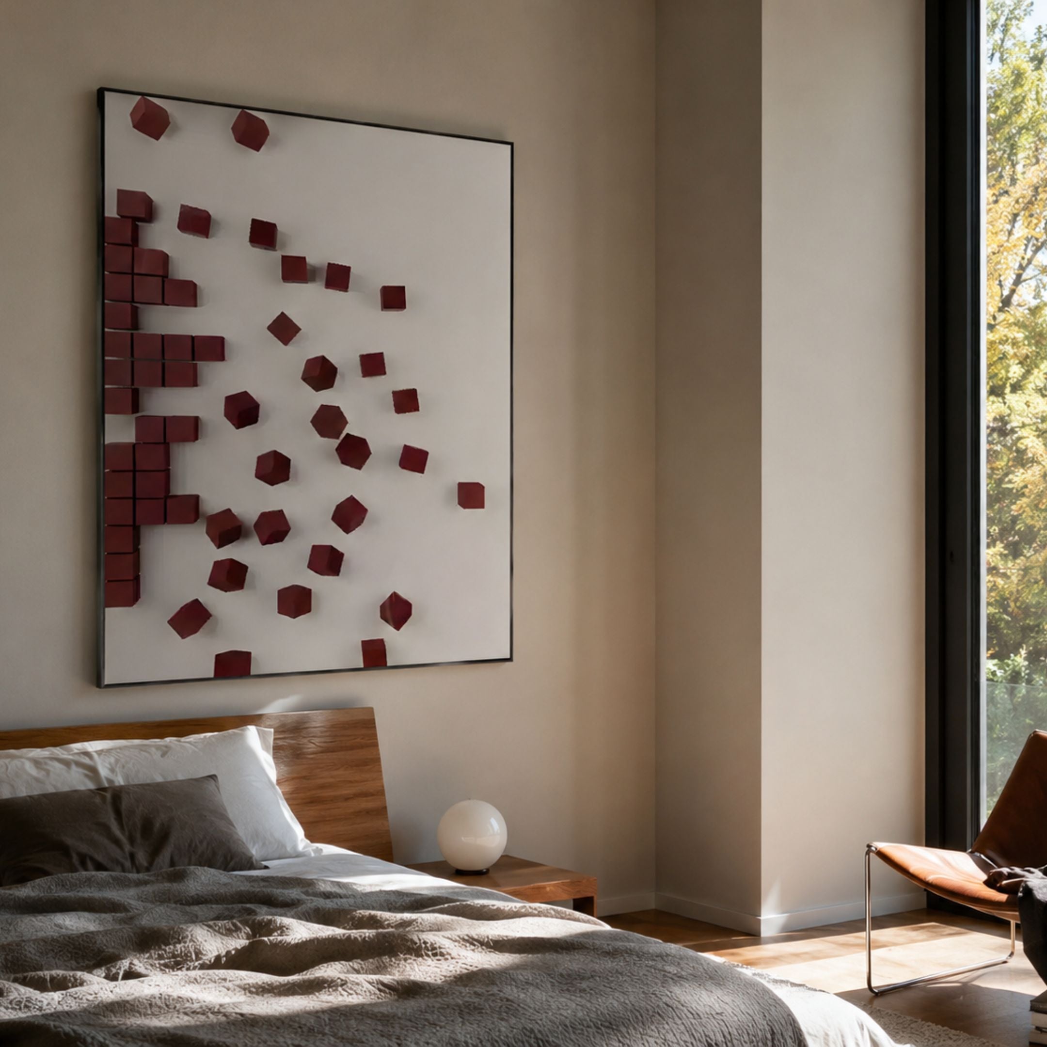 Fragmenta Red Wooden Cube Scatter 3D Wall Art by Giant Sculptures mounted above a wooden bed in a sunlit modern bedroom with a leather chair nearby.