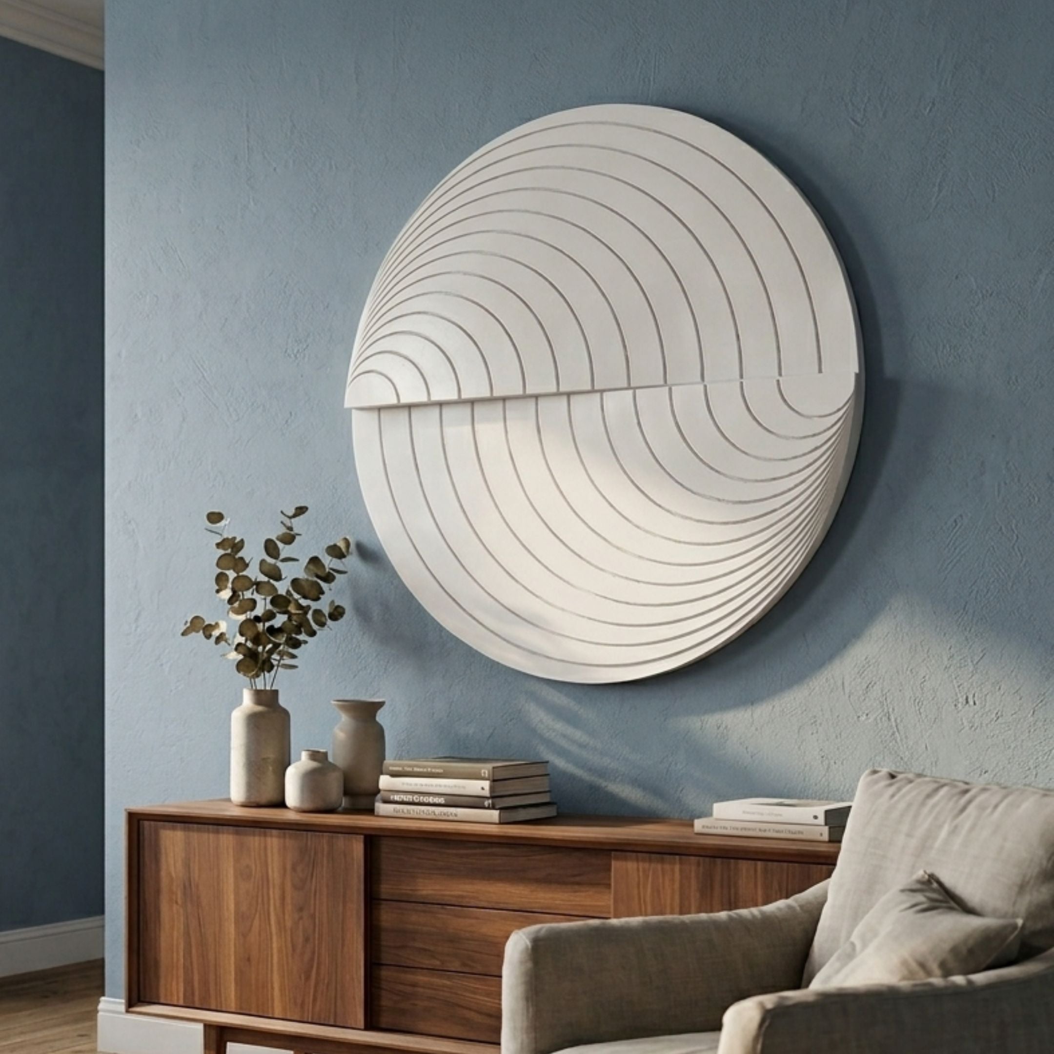 Orbitals White Circular Wood Carved Sandstone 3D Wall Art by Giant Sculptures mounted above a walnut sideboard with vases and eucalyptus against a blue wall.