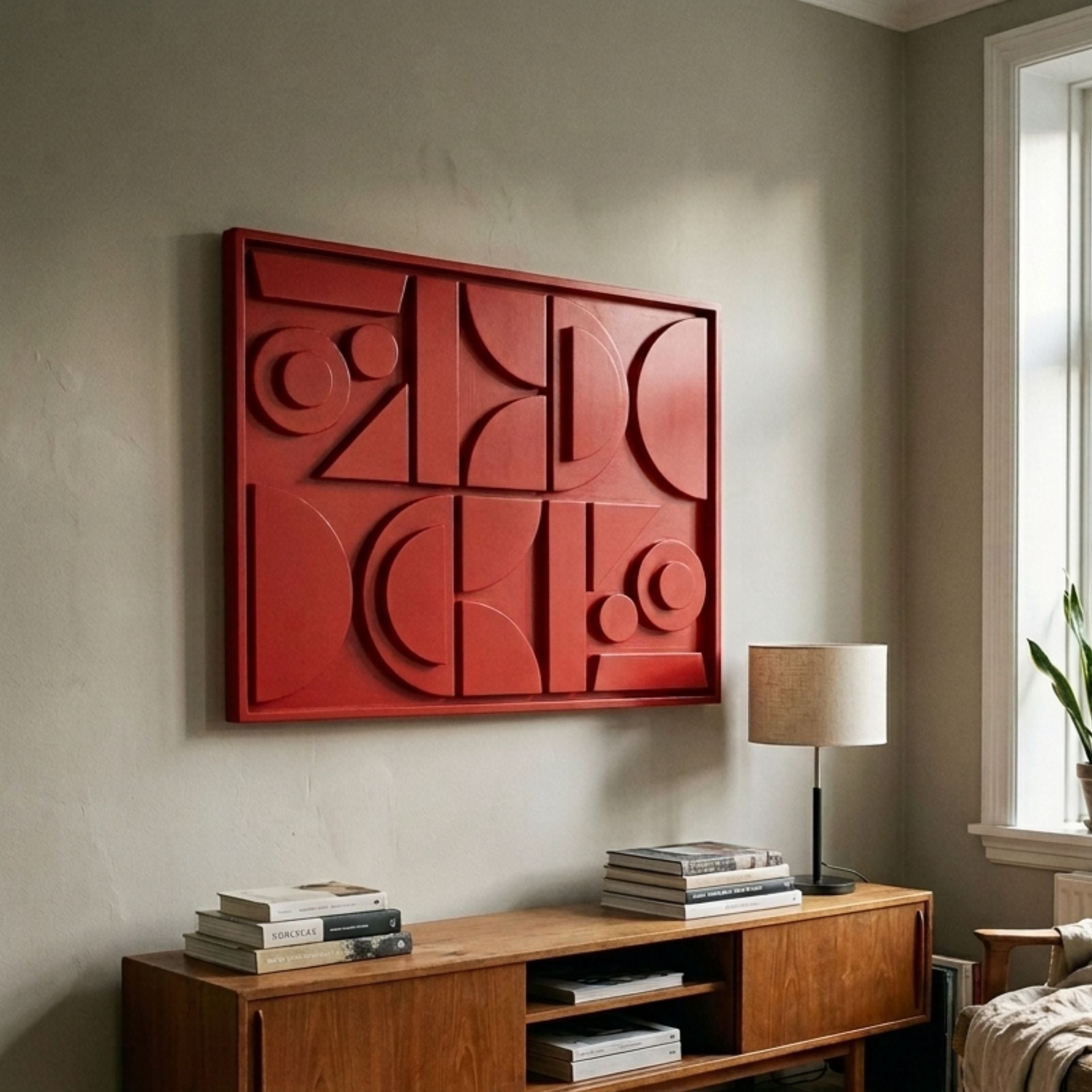 Formate Vibrant Red Geometric Wood Painted 3D Wall Art mounted above a mid-century wooden sideboard with stacked books and a linen table lamp.