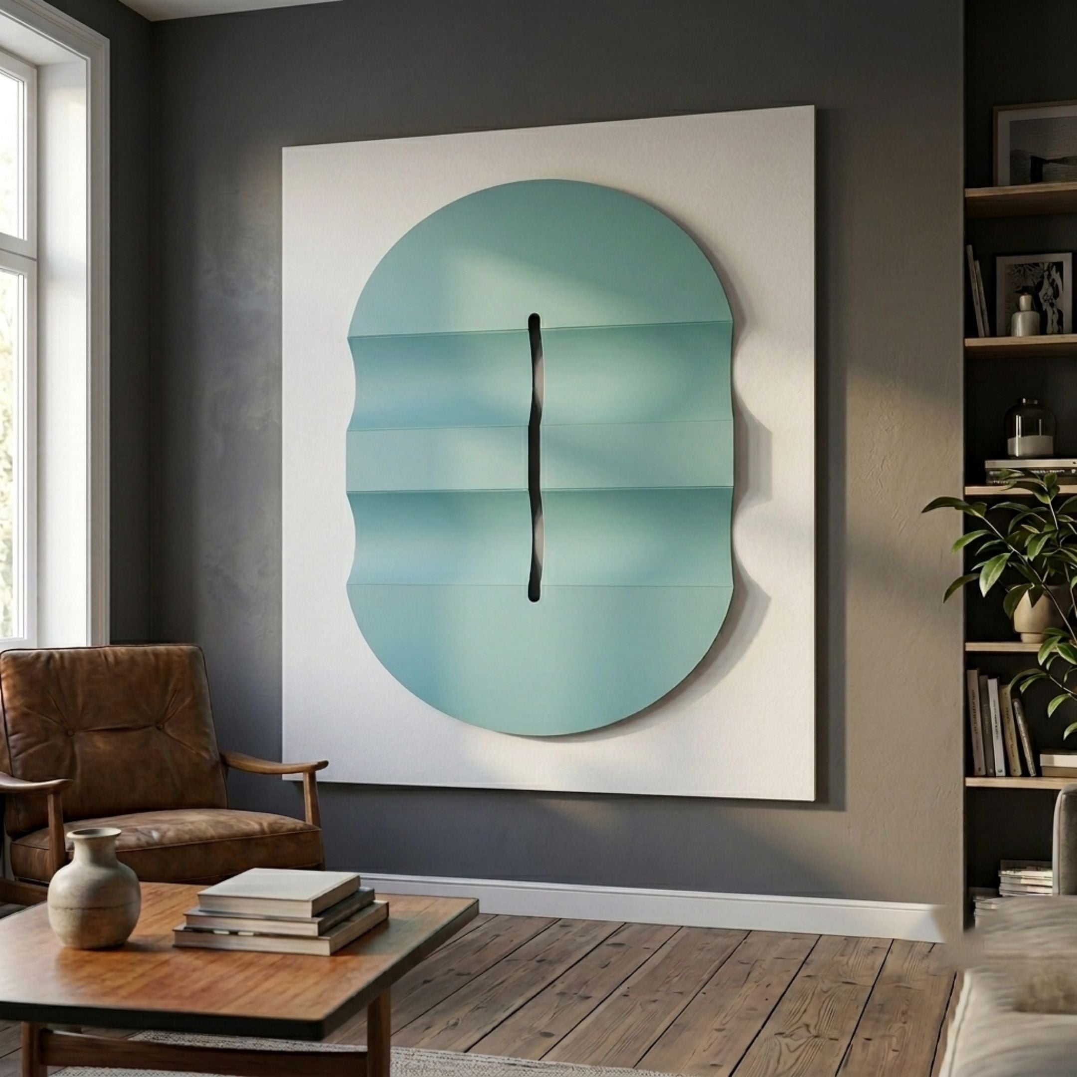 Ellipse Aqua Oval Wood 3D Canvas Wall Art by Giant Sculptures displayed above a leather armchair and wooden coffee table in a modern grey living room.