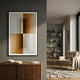 Striato Bronze & Grey Wood Quadrant 3D Wall Art by Giant Sculptures displayed above a walnut sideboard in a grey-walled modern living space.