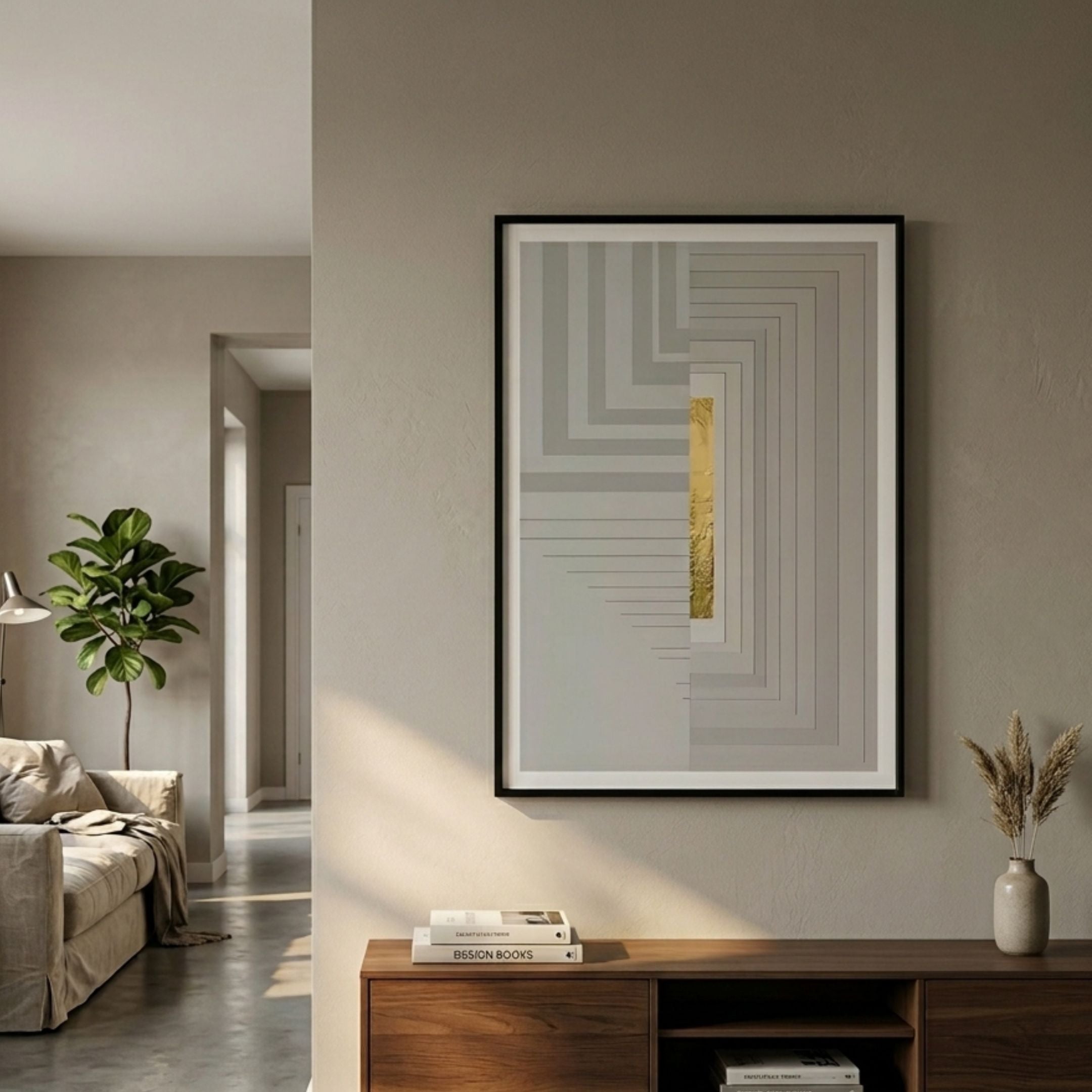 Striato Dove Grey 3D Wooden Wall Art With Gold Accent by Giant Sculptures displayed in a neutral living room above a walnut sideboard beside a fiddle-leaf fig.