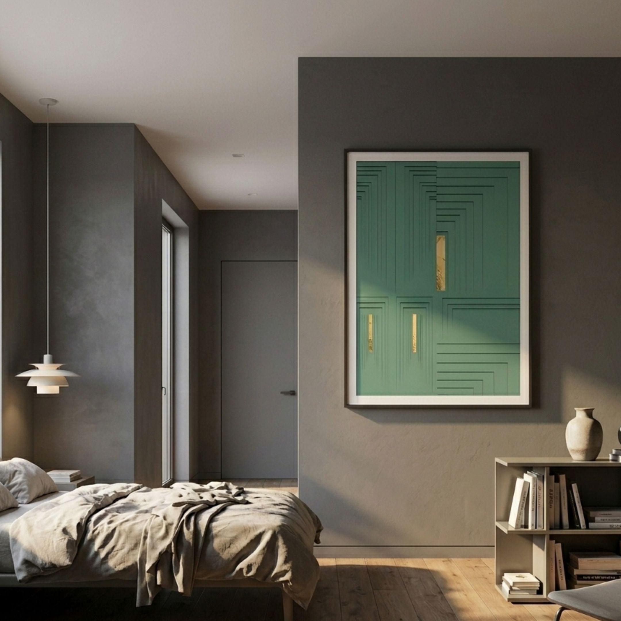 Striato Emerald 3D Wooden Wall Art with gold accents displayed on a grey wall in a modern bedroom with a linen-dressed bed, pendant light, and bookshelf.