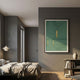 Striato Emerald 3D Wooden Wall Art with gold accents displayed on a grey wall in a modern bedroom with a linen-dressed bed, pendant light, and bookshelf.