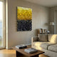 Stratiform Golden Glow Ombre Wood Mosaic 3D Wall Art mounted above a beige sofa in a sunlit living room with wooden coffee table and bookshelf.