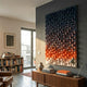 Stratiform Twilight Hue Wood Mosaic 3D Wall Art by Giant Sculptures mounted on a grey wall above a walnut sideboard, with a bookshelf and balcony door nearby.