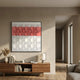 Tessera White & Coral I Geometric Wood 3D Wall Art by Giant Sculptures, framed above a wooden sideboard with books and a lamp in a neutral living room.