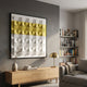 Tessera White & Yellow I Geometric Wood 3D Wall Art by Giant Sculptures displayed above an oak sideboard in a grey living room with bookshelves.