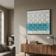Tessera White & Aqua II Geometric Wood 3D Wall Art with hinged cube flaps displayed above a walnut sideboard in a Nordic-style living room.