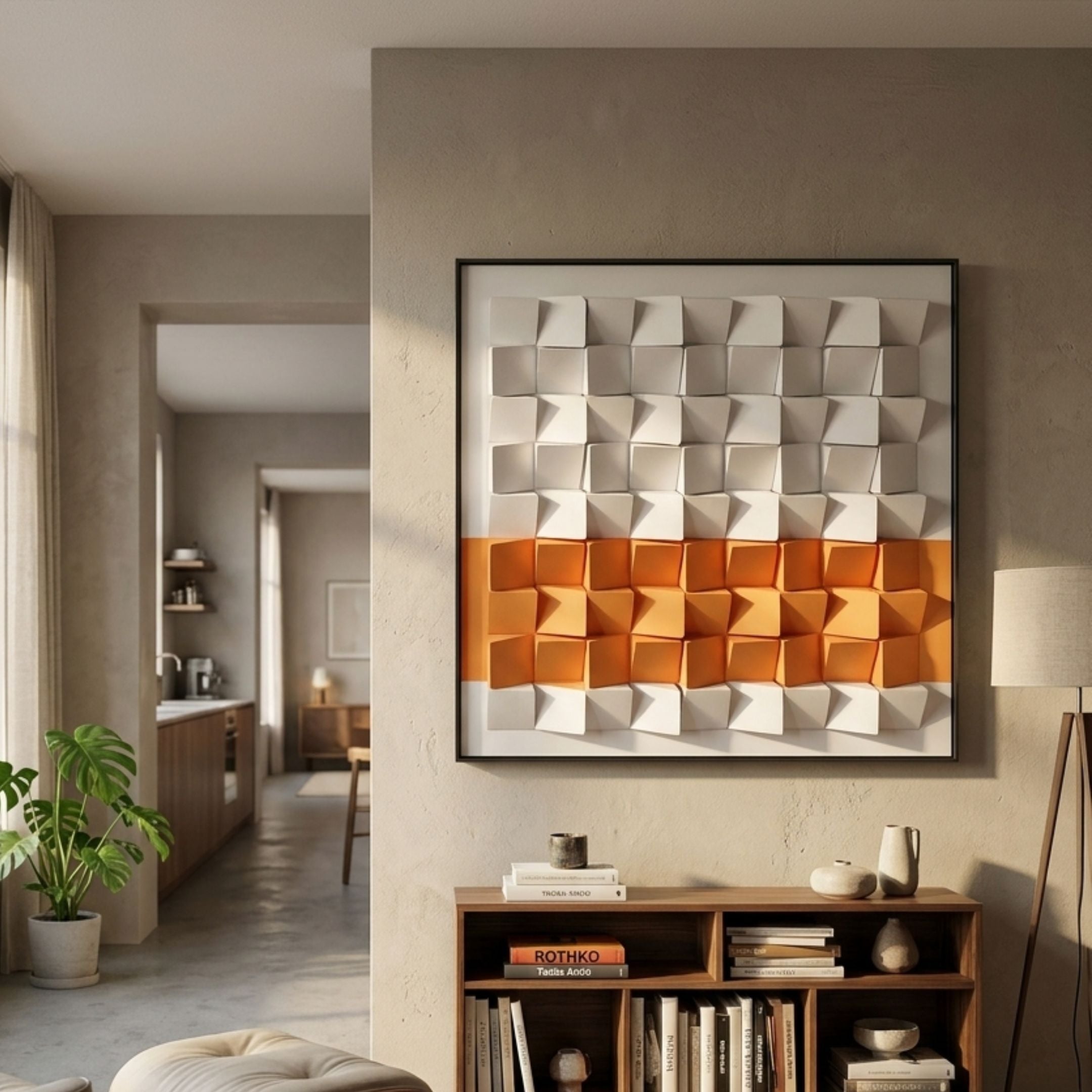 Tessera White & Orange II Geometric Wood 3D Wall Art by Giant Sculptures, framed in black above a wooden bookshelf in a sunlit modern living room.