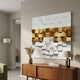 Structura Golden Ochre & White 3D Wooden Square Wall Art mounted above a walnut sideboard with pampas grass and lamp in a Nordic living room.