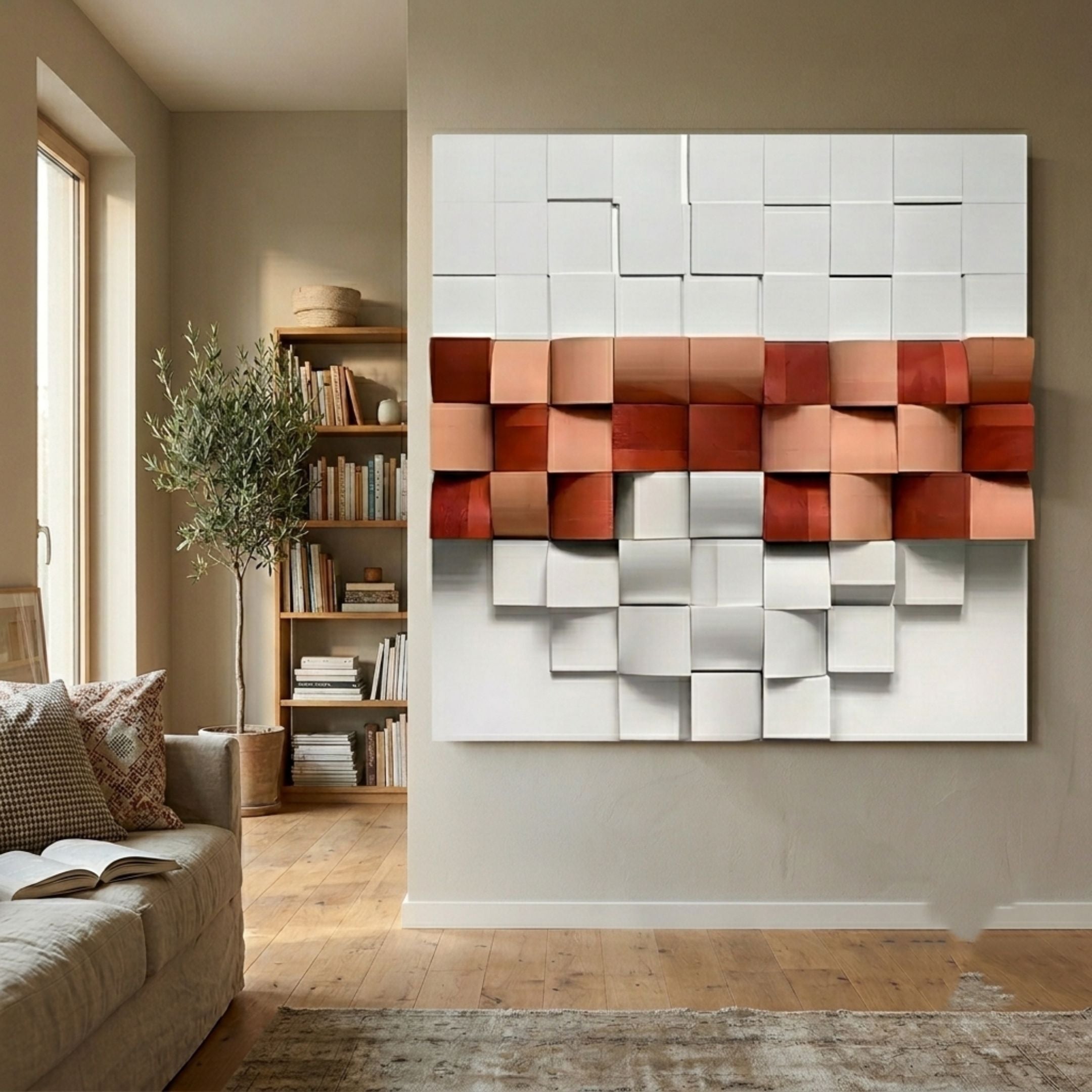 Structura Terracotta & White 3D Wooden Square Wall Art mounted in a living room above wood flooring, beside a beige sofa, olive tree, and book-filled shelf.
