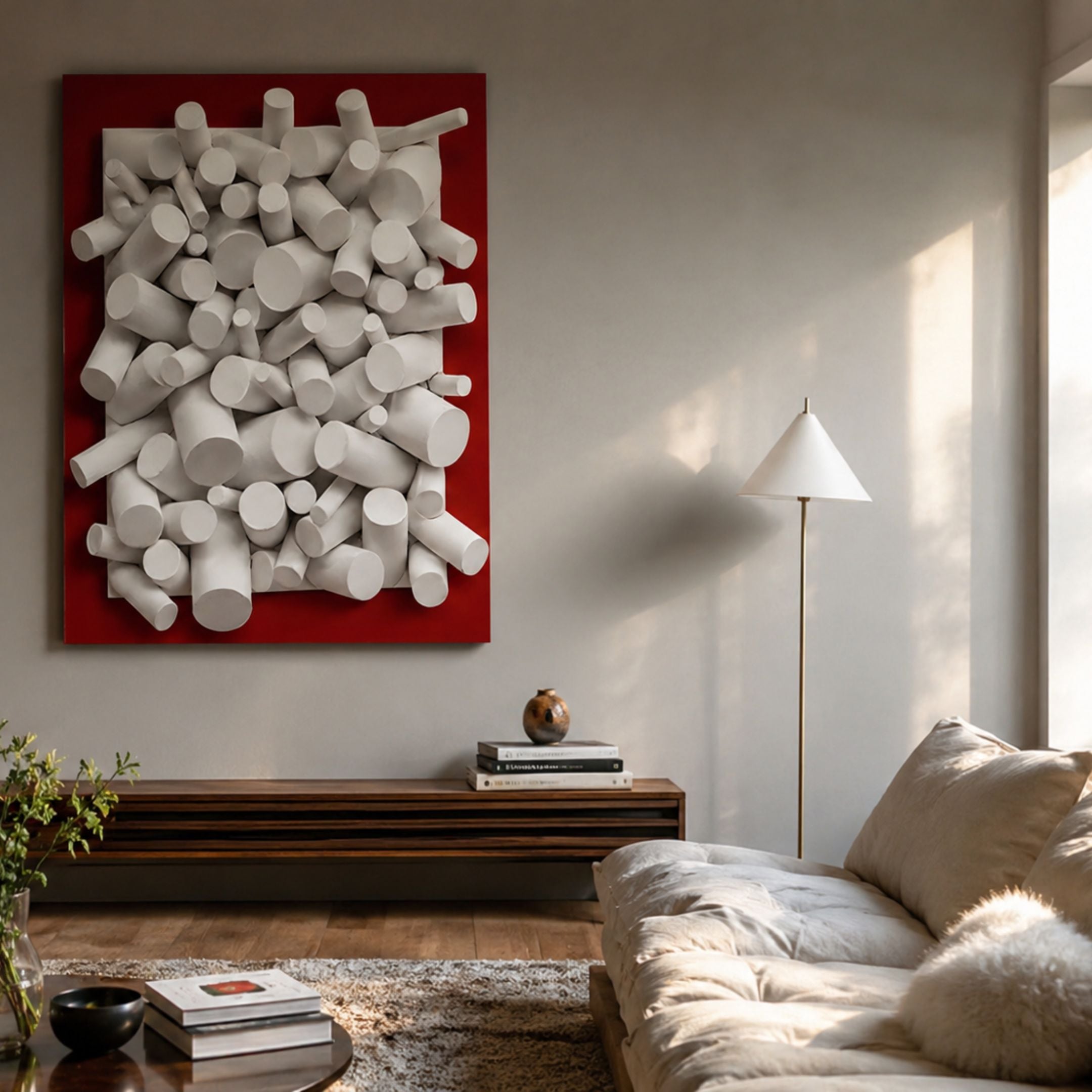 Axion White Wood Cluster & Ruby Red Edge 3D Wall Art displayed above a wooden console in a neutral living room with a floor lamp and cream sofa.