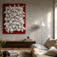 Axion White Wood Cluster & Ruby Red Edge 3D Wall Art displayed above a wooden console in a neutral living room with a floor lamp and cream sofa.