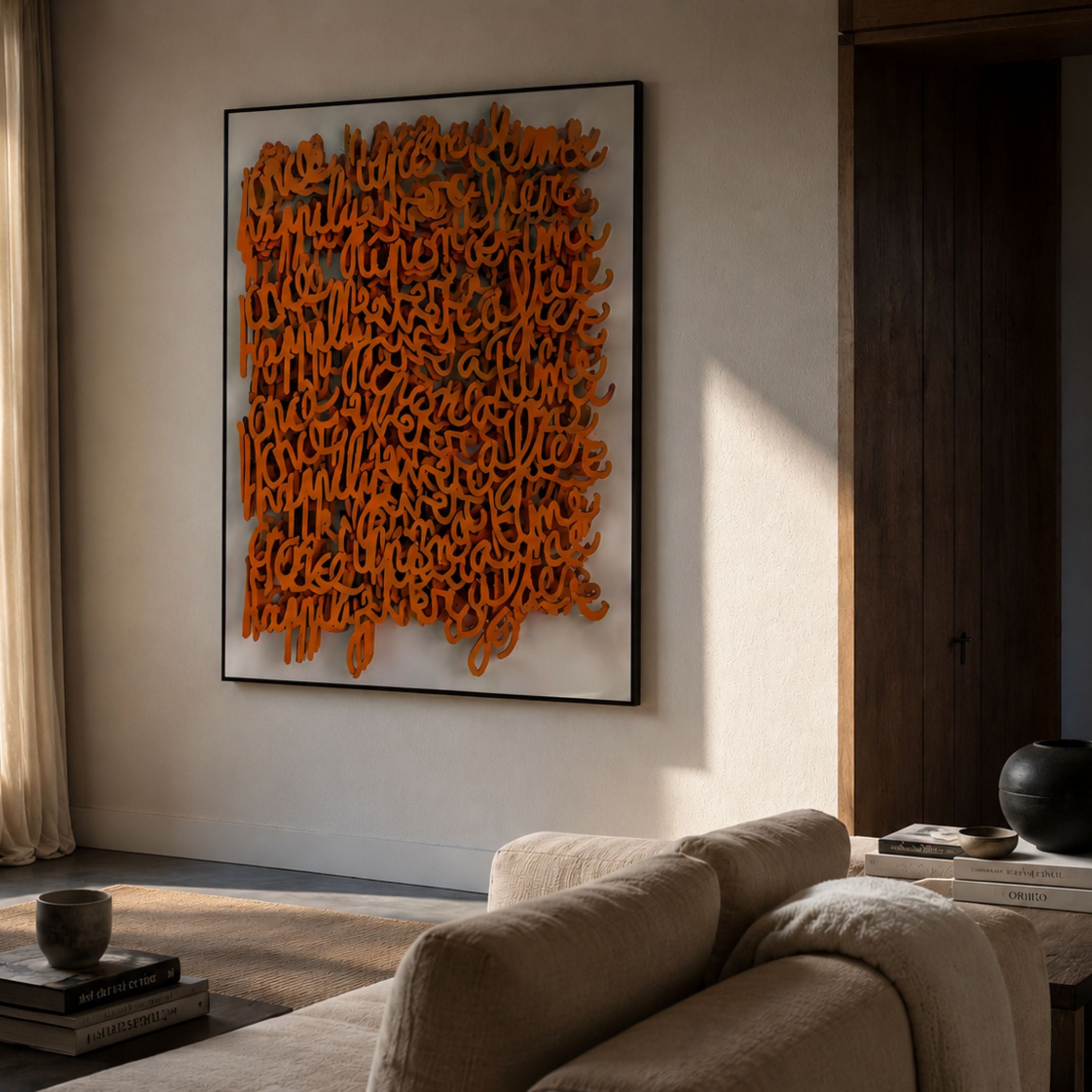 Oratoria Orange Scripted Wood Carving 3D Wall Art by Giant Sculptures displayed above a cream sofa in a warm minimalist living room with wood accents.