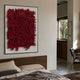 Oratoria Red Scripted Wood Carving Hand-Painted 3D Wall Art in a bedroom with a wooden bed, leather chair, and doorway leading to a sunlit study.