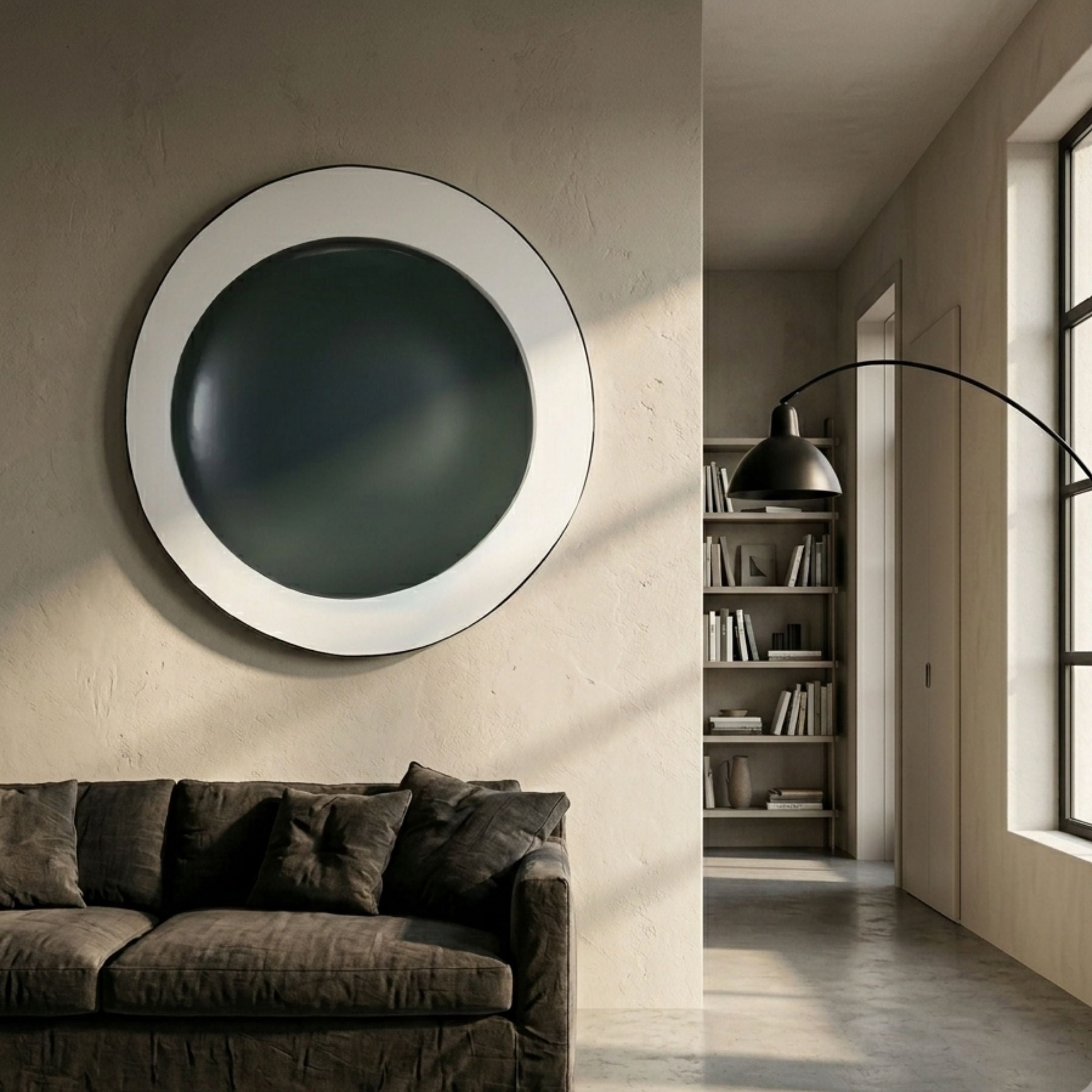 Aetherial Green Glossy Circular Symmetry 3D Wall Art by Giant Sculptures mounted above a dark linen sofa in a minimalist living room with bookshelf and arc lamp.