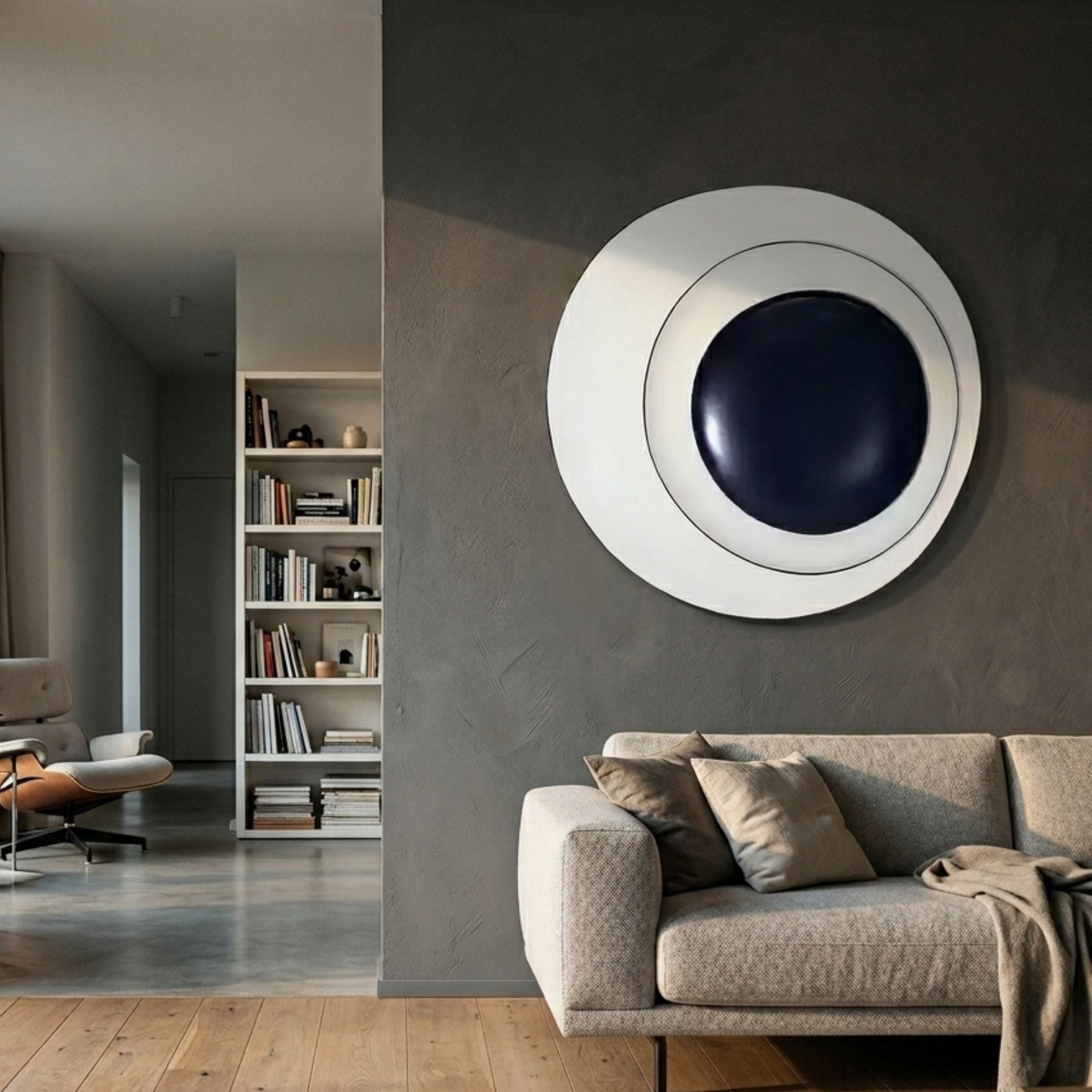Aetherial Midnight Blue Glossy Circular Asymmetry 3D Wall Art by Giant Sculptures mounted on a dark grey wall above a beige sofa in a modern living room.
