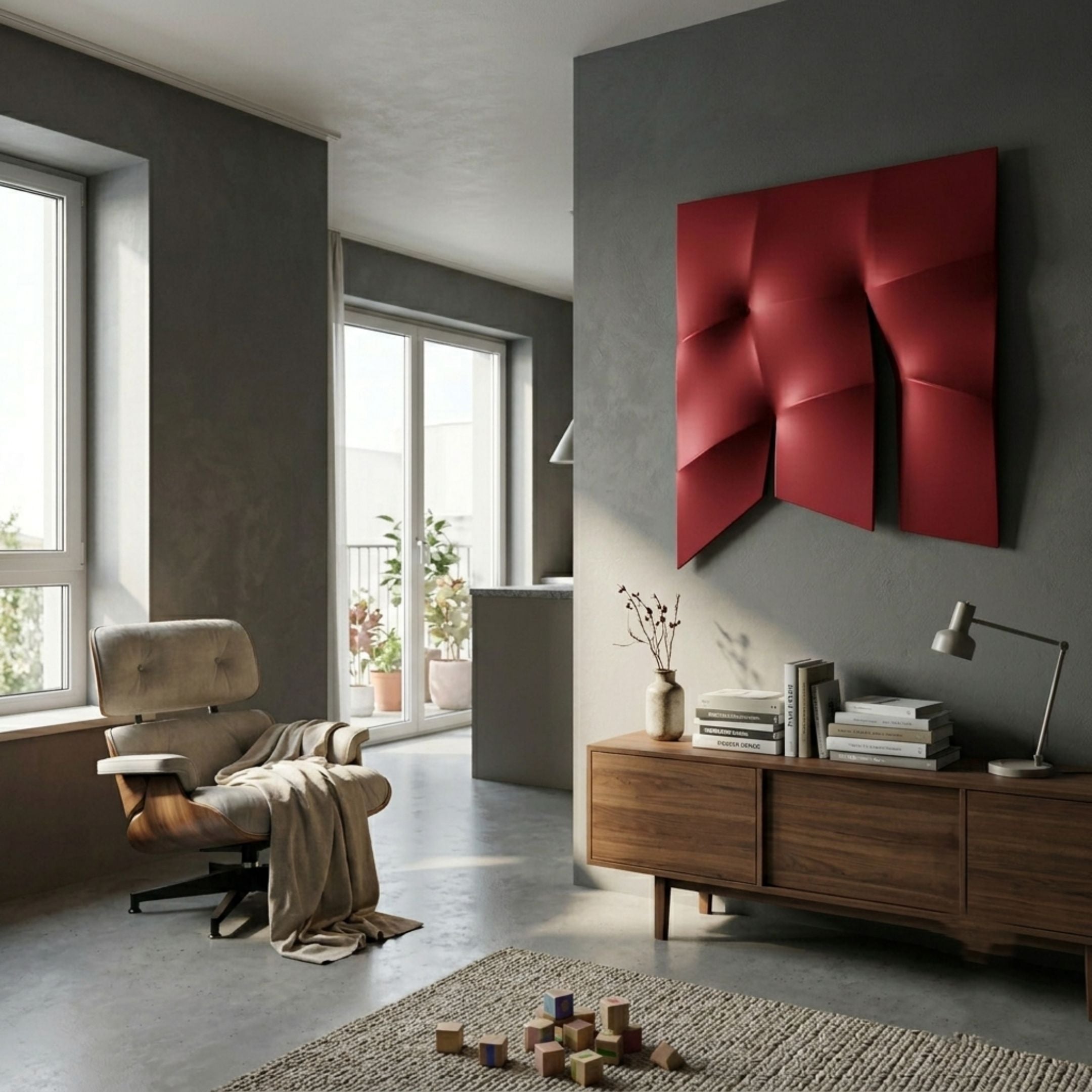 Contours Deep Red Elastic Fabric 3D Wooden Wall Art by Giant Sculptures mounted on a grey wall in a modern living room with an Eames-style chair and walnut sideboard.