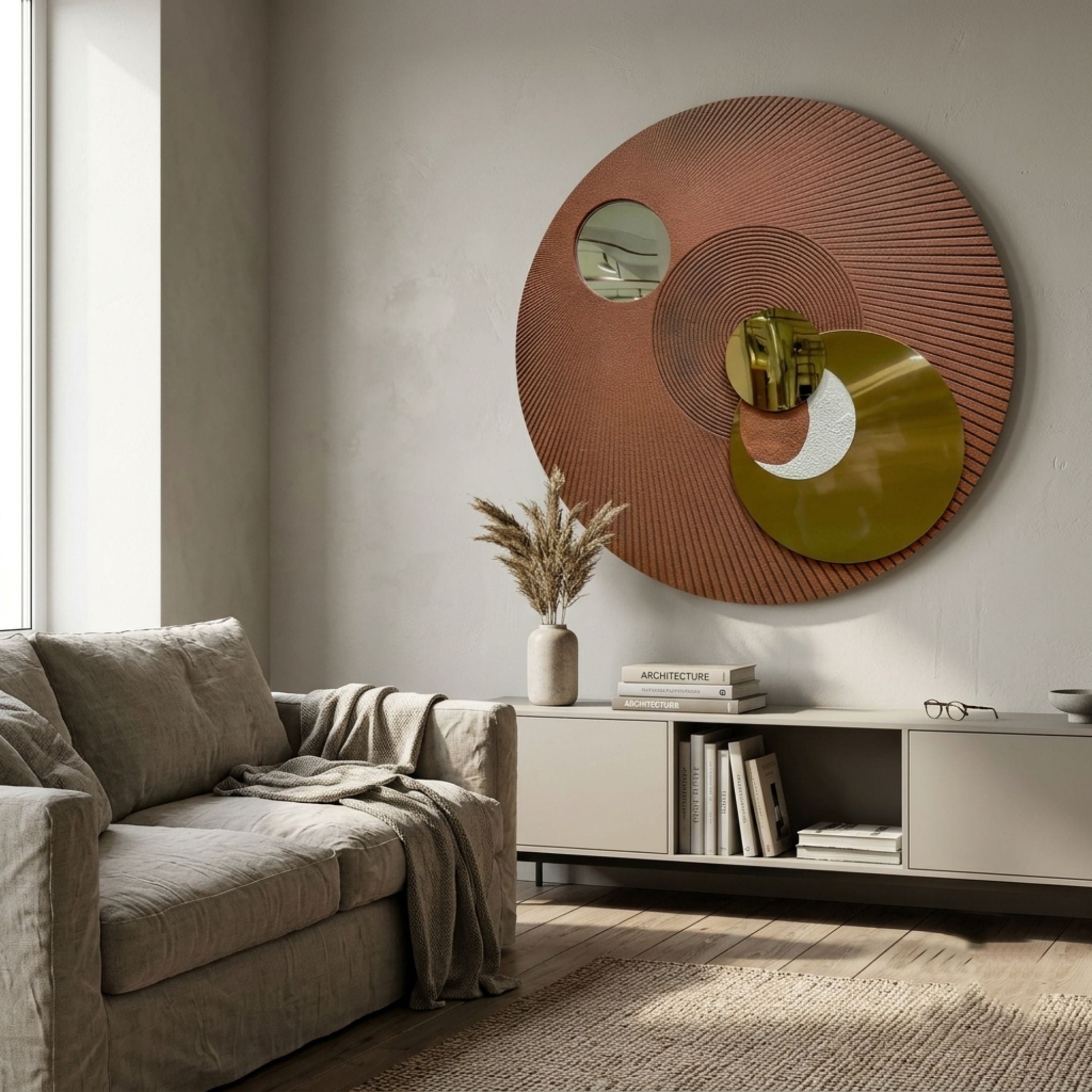Orbitra Copper Reflective Circular 3D Wall Art by Giant Sculptures displayed above a cream sideboard in a living room with a grey linen sofa and pampas grass.