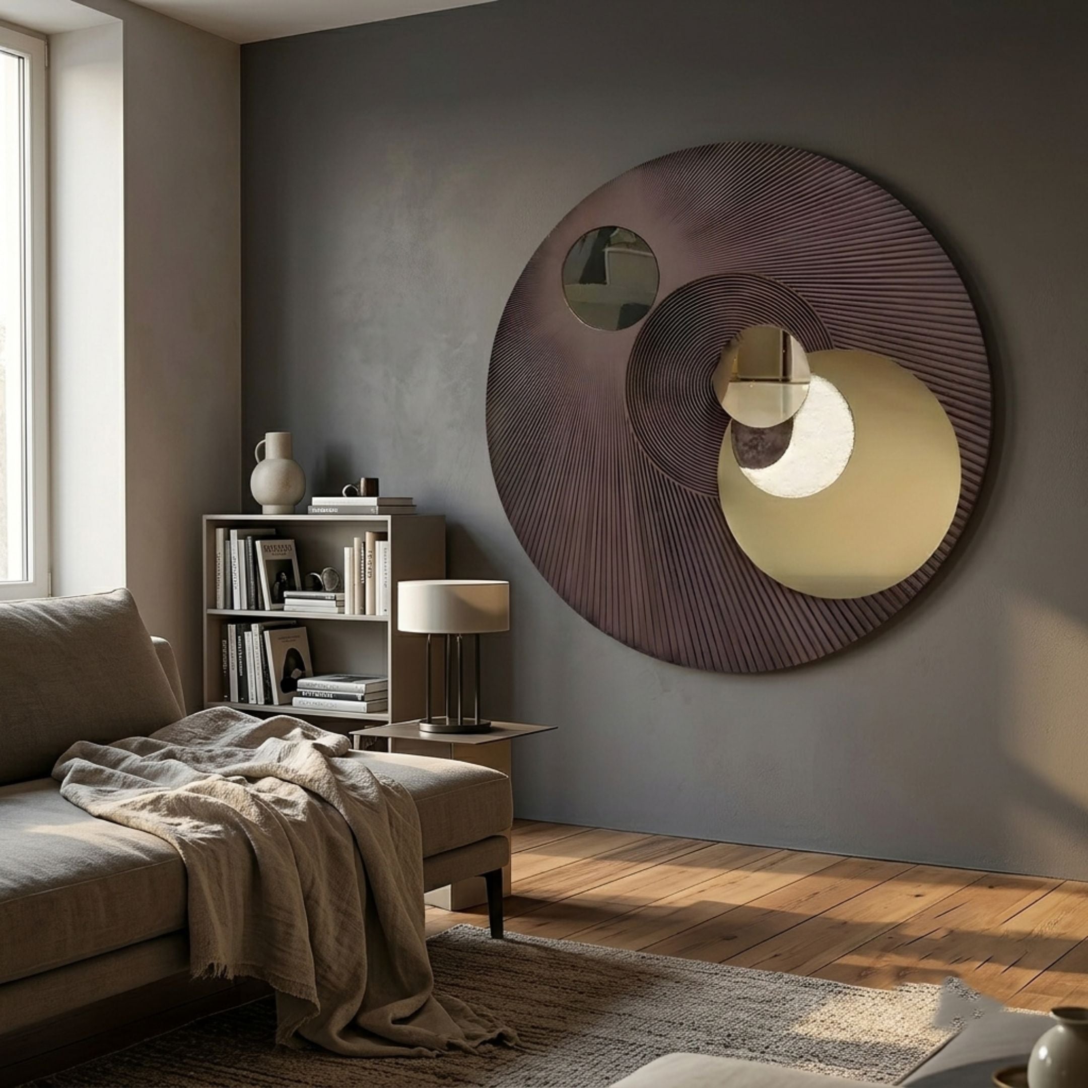 Orbitra Bronze Reflective Circular 3D Wall Art by Giant Sculptures mounted on a grey living room wall above a bookshelf, sofa, and table lamp.