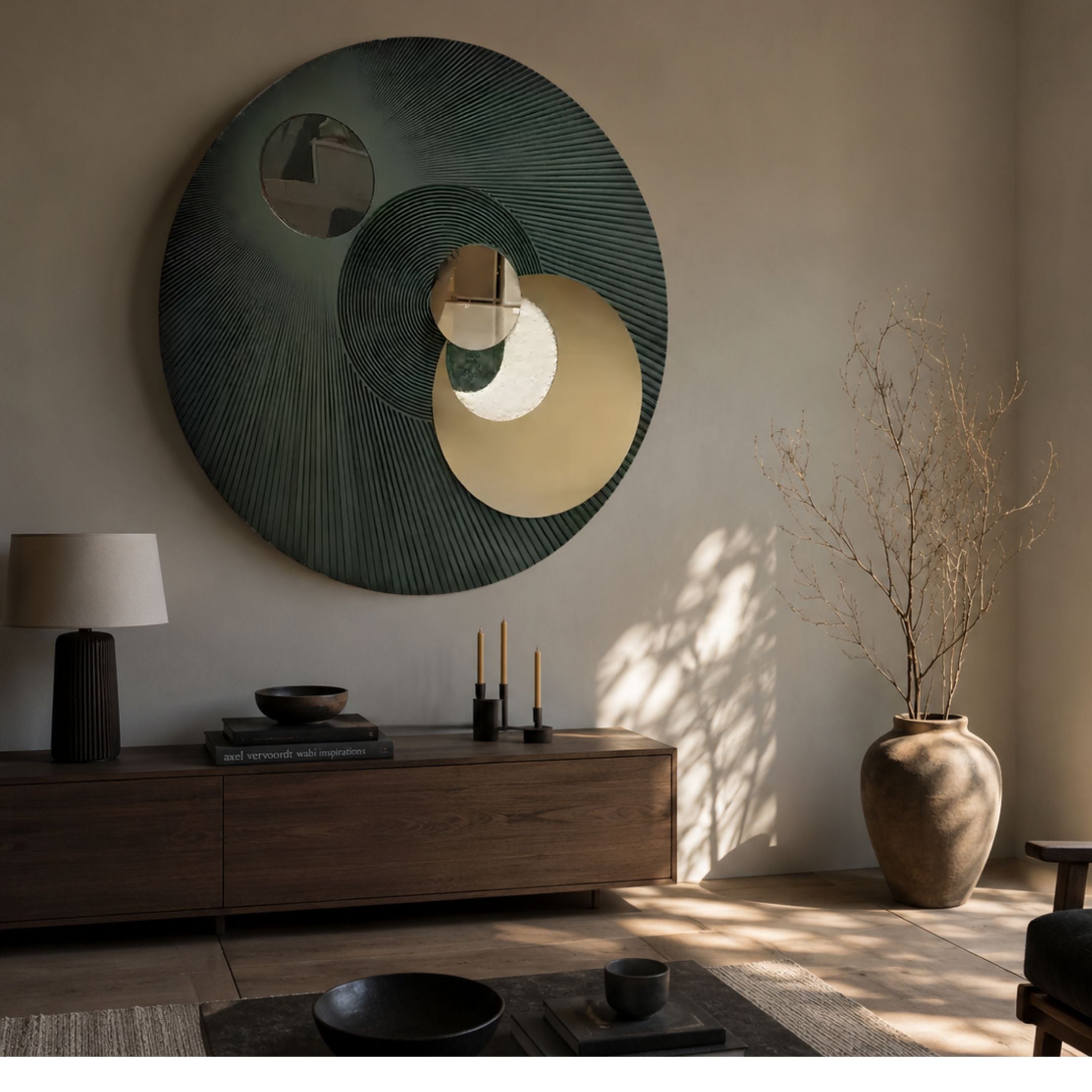 Orbitra Green Reflective Circular 3D Wall Art with radial green lines and three mirrored discs, displayed above a dark wood sideboard with lamp and vase.