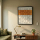 Tessera White & Orange I Geometric Wood 3D Wall Art by Giant Sculptures, displayed above a wooden console with brass lamp, books, and plant in a living room.
