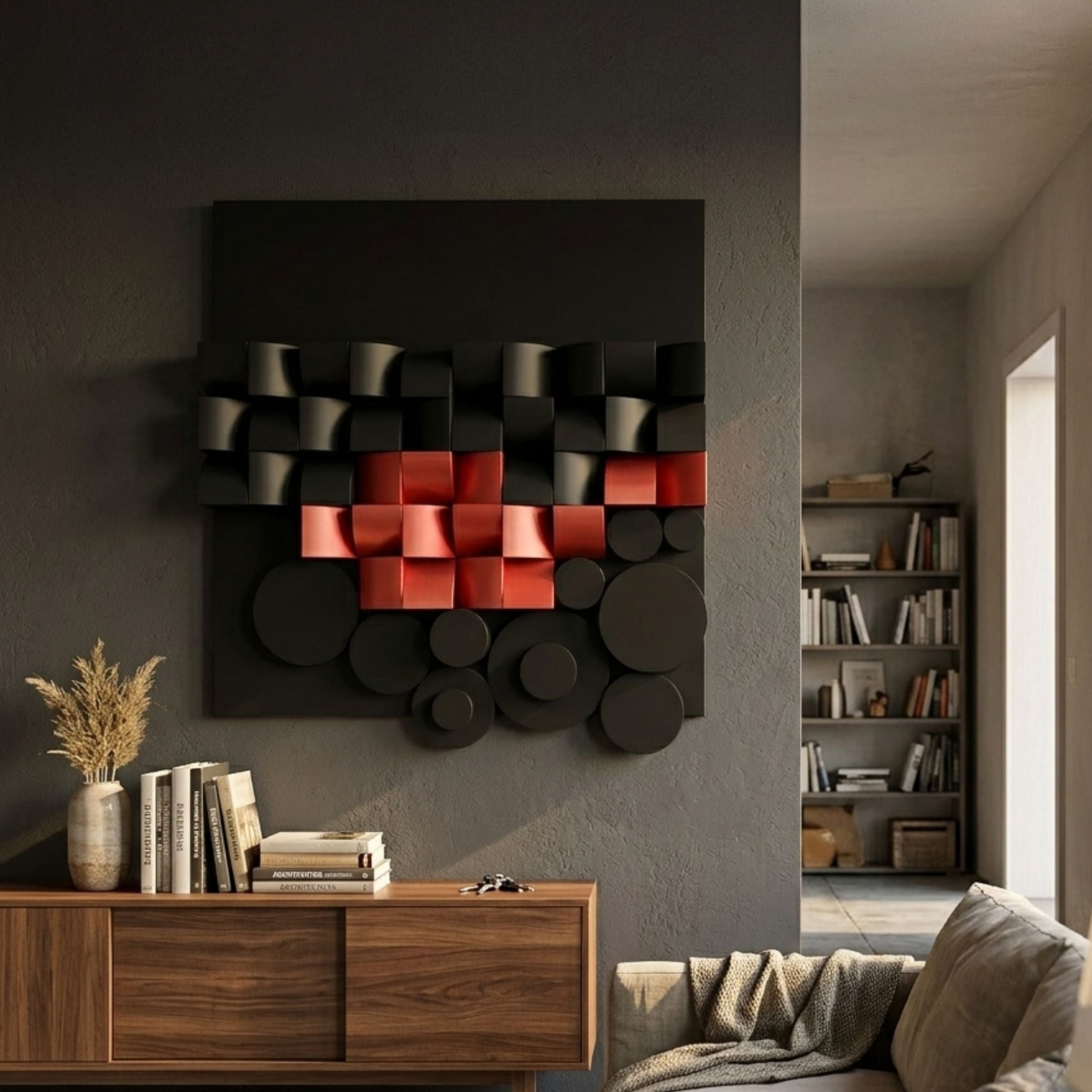 Nocturna Black & Red Modular Wooden Hand-Painted 3D Wall Art by Giant Sculptures displayed above a walnut sideboard in a dark-walled living room.