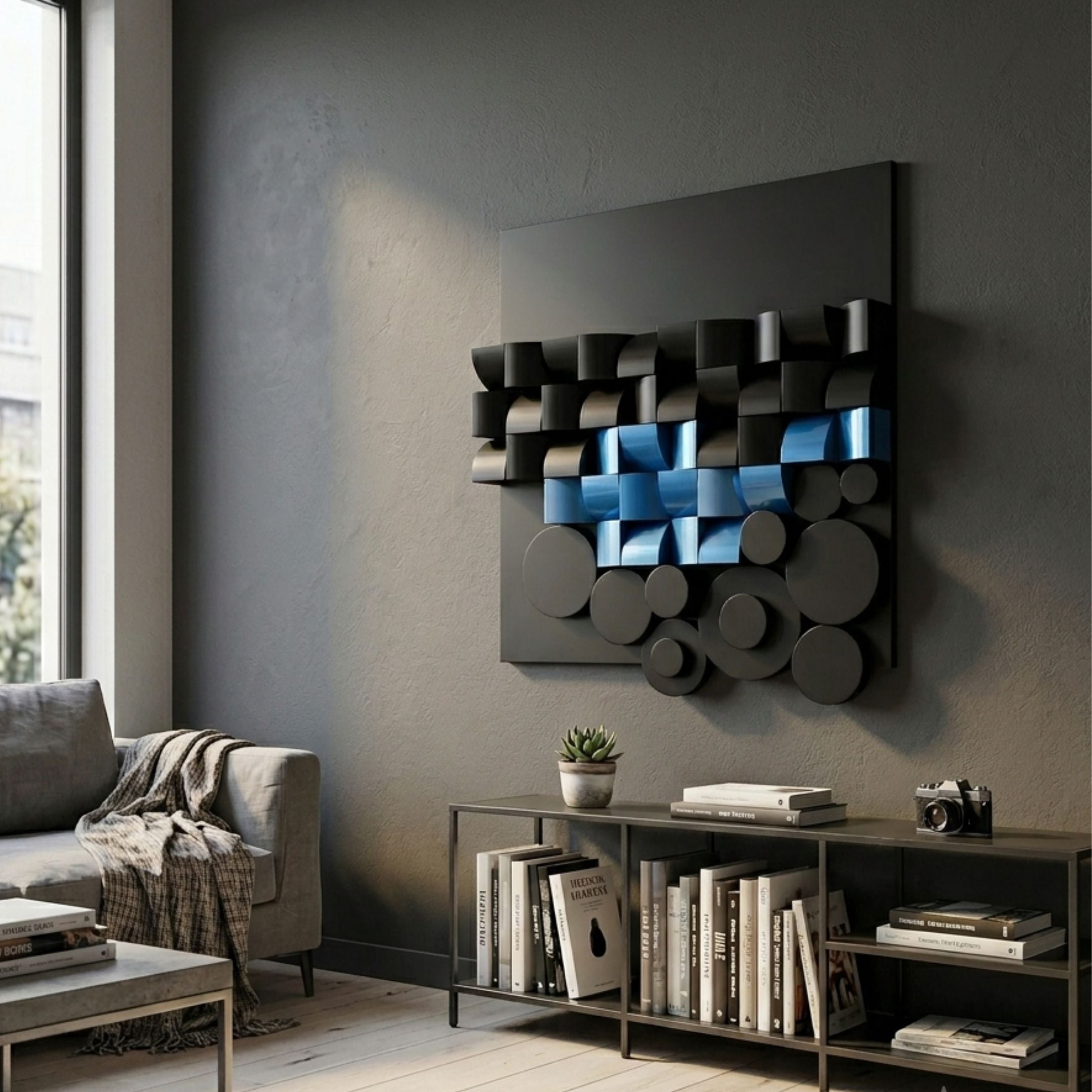 Nocturna Black & Blue Modular Wooden Hand-Painted 3D Wall Art by Giant Sculptures mounted on a grey wall above a console with books in a modern living room.