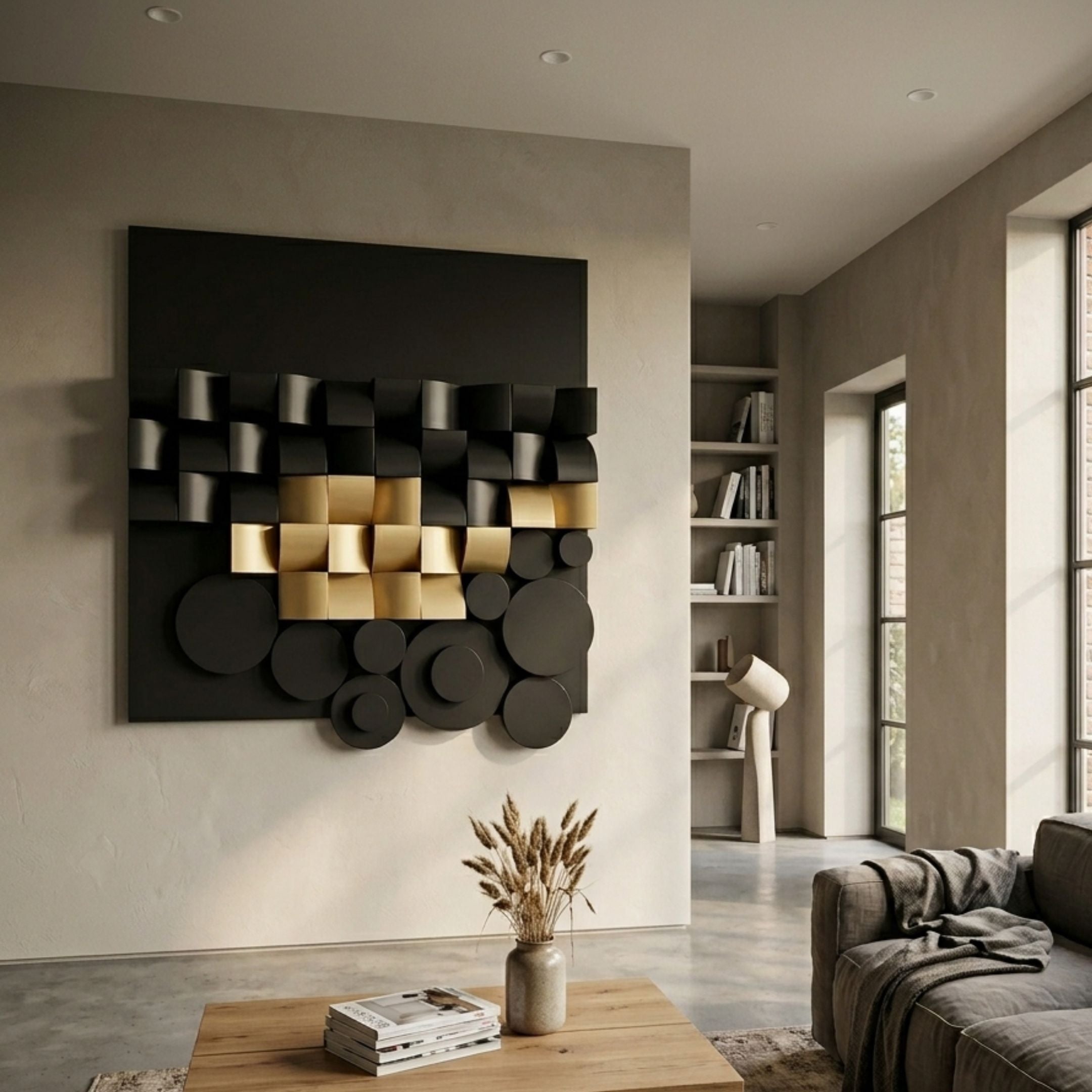 Nocturna Black & Gold Modular Wooden Hand-Painted 3D Wall Art by Giant Sculptures mounted in a neutral living room above a wooden coffee table with dried grasses.