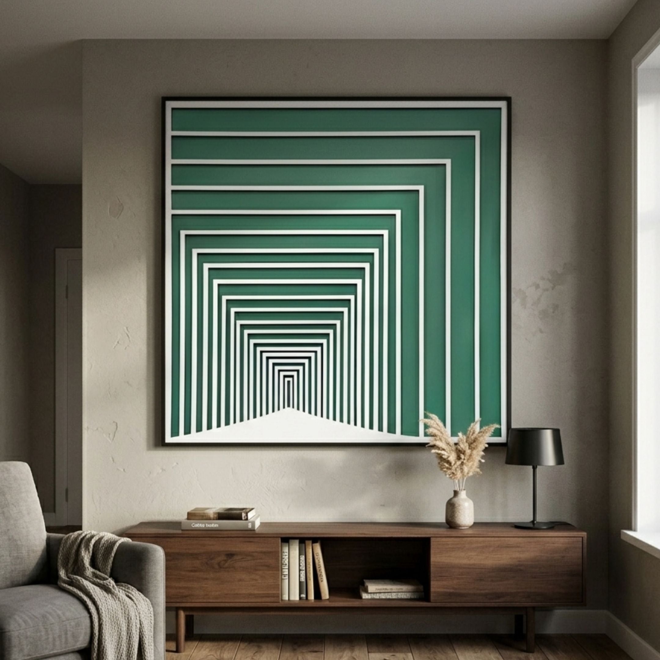 Prismalux Green Wood Carving 3D Wall Art by Giant Sculptures, with layered white frames creating a tunnel effect on green, above a wooden console in a living room.
