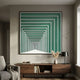 Prismalux Green Wood Carving 3D Wall Art by Giant Sculptures, with layered white frames creating a tunnel effect on green, above a wooden console in a living room.