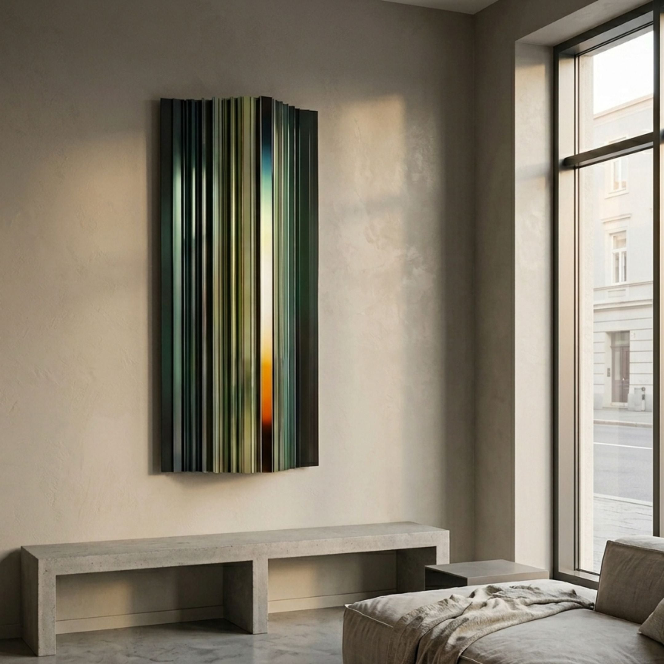 Illumina Green Colourful Vertical Wooden Hand-Painted 3D Wall Art by Giant Sculptures mounted above a concrete bench in a sunlit modern living room.