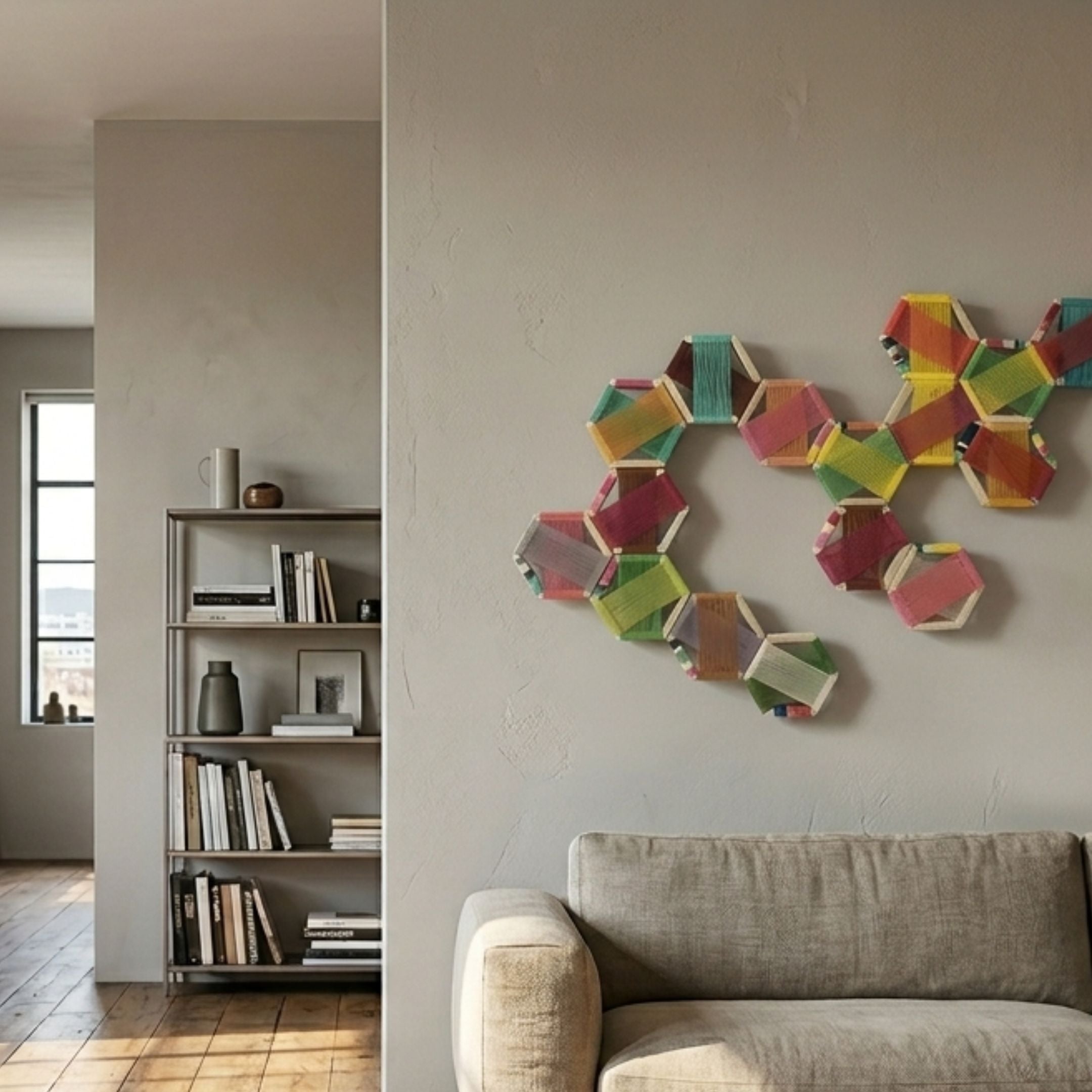 Spectra IV Multicoloured Interwoven Hexagonal Frame 3D Wall Art by Giant Sculptures displayed on a grey living room wall above a beige sofa beside a bookshelf.