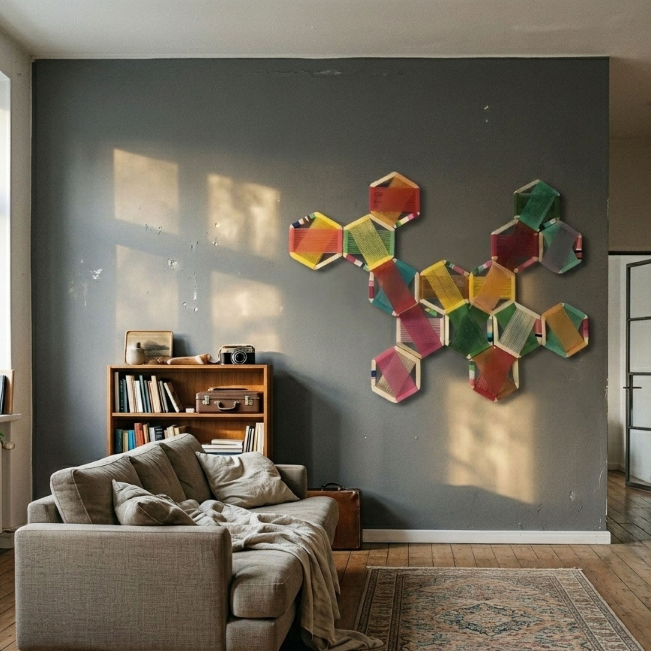 Spectra III Multicoloured Interwoven Hexagonal Frame 3D Wall Art by Giant Sculptures displayed on a grey living room wall above a beige sofa and wooden bookshelf.