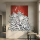 Assemblia Red Hand-Painted Wood Graffiti Wall Art by Giant Sculptures, white cartoon-style cutout shapes layered on a red backdrop, mounted in a sunlit hallway.
