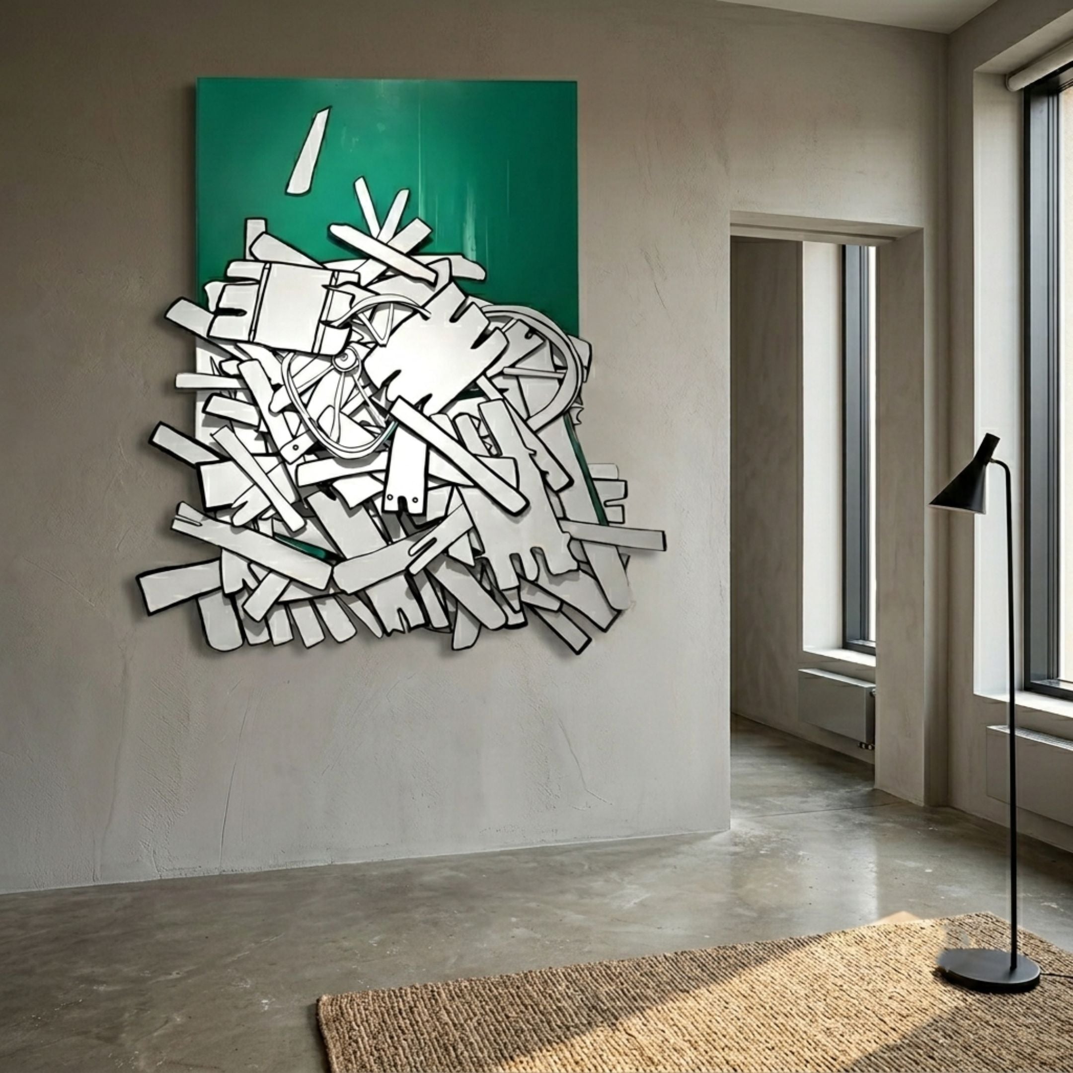 Assemblia Green Hand-Painted Wood Graffiti Wall Art with black-outlined white planks and wheels on a green panel, displayed in a concrete-floored room.