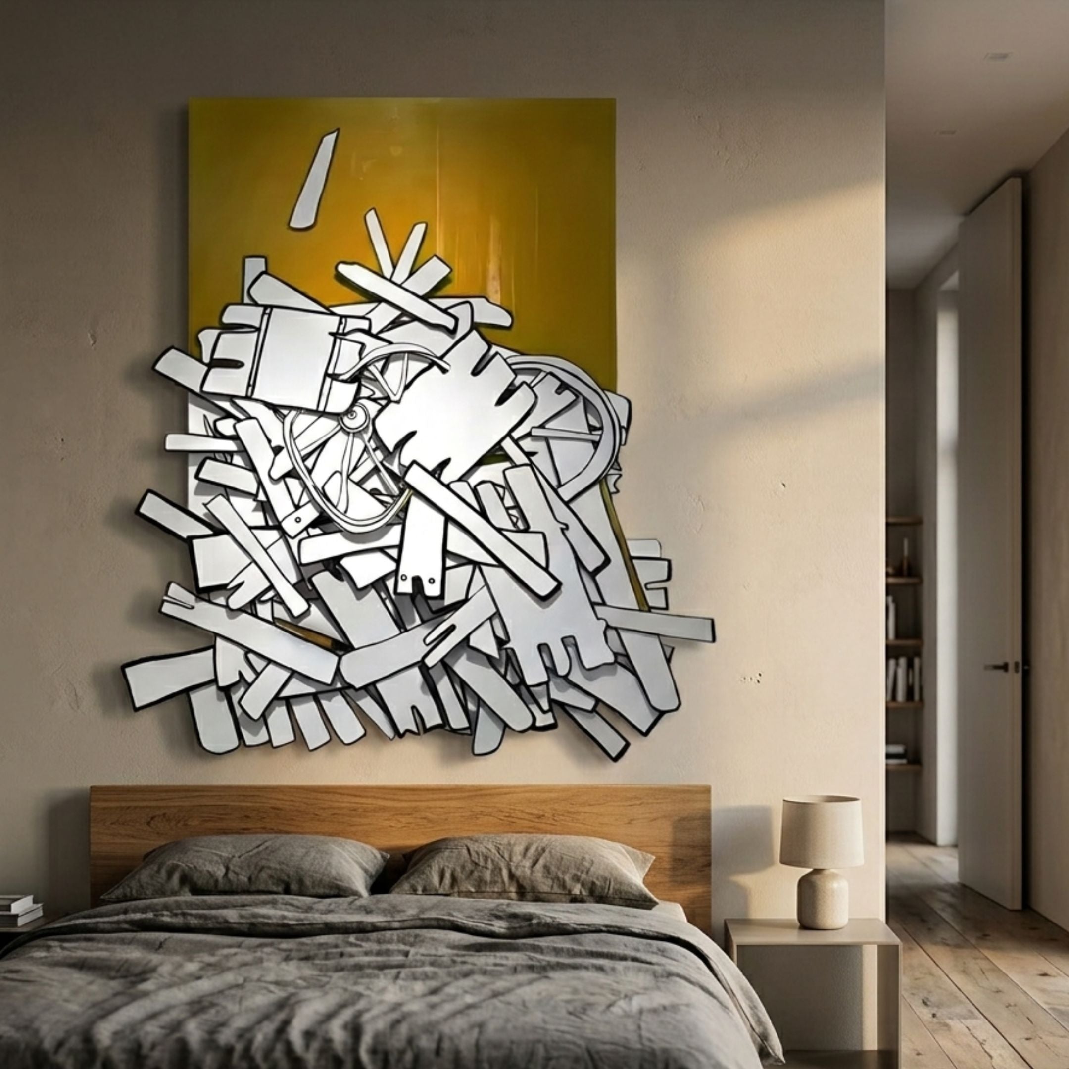 Assemblia Yellow Hand-Painted Wood Graffiti Wall Art by Giant Sculptures mounted above a wooden bed with grey linens in a modern bedroom.