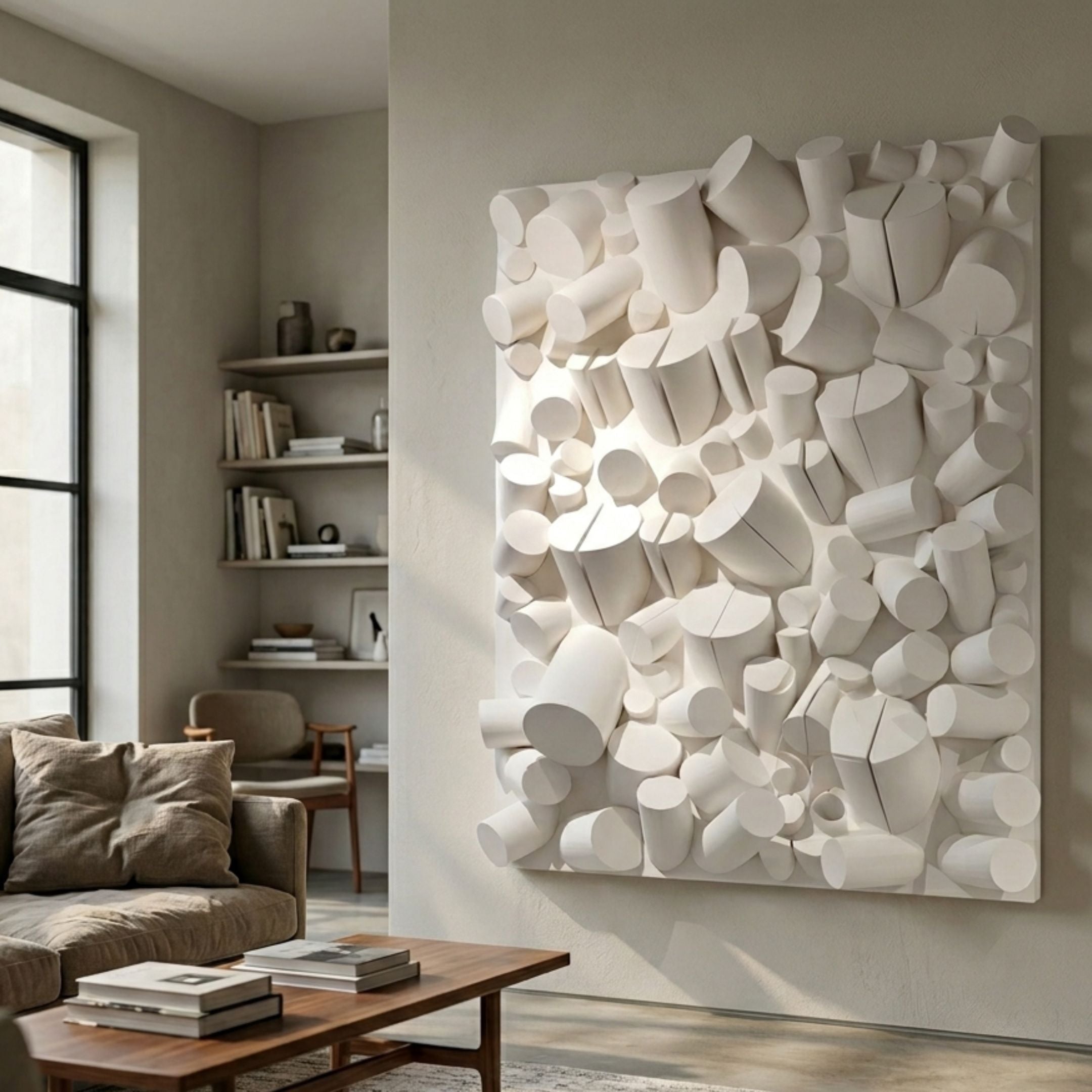 Forme III Cream Wood Cluster Abstract 3D Wall Art by Giant Sculptures mounted in a neutral living room above a sofa and coffee table beside shelving.