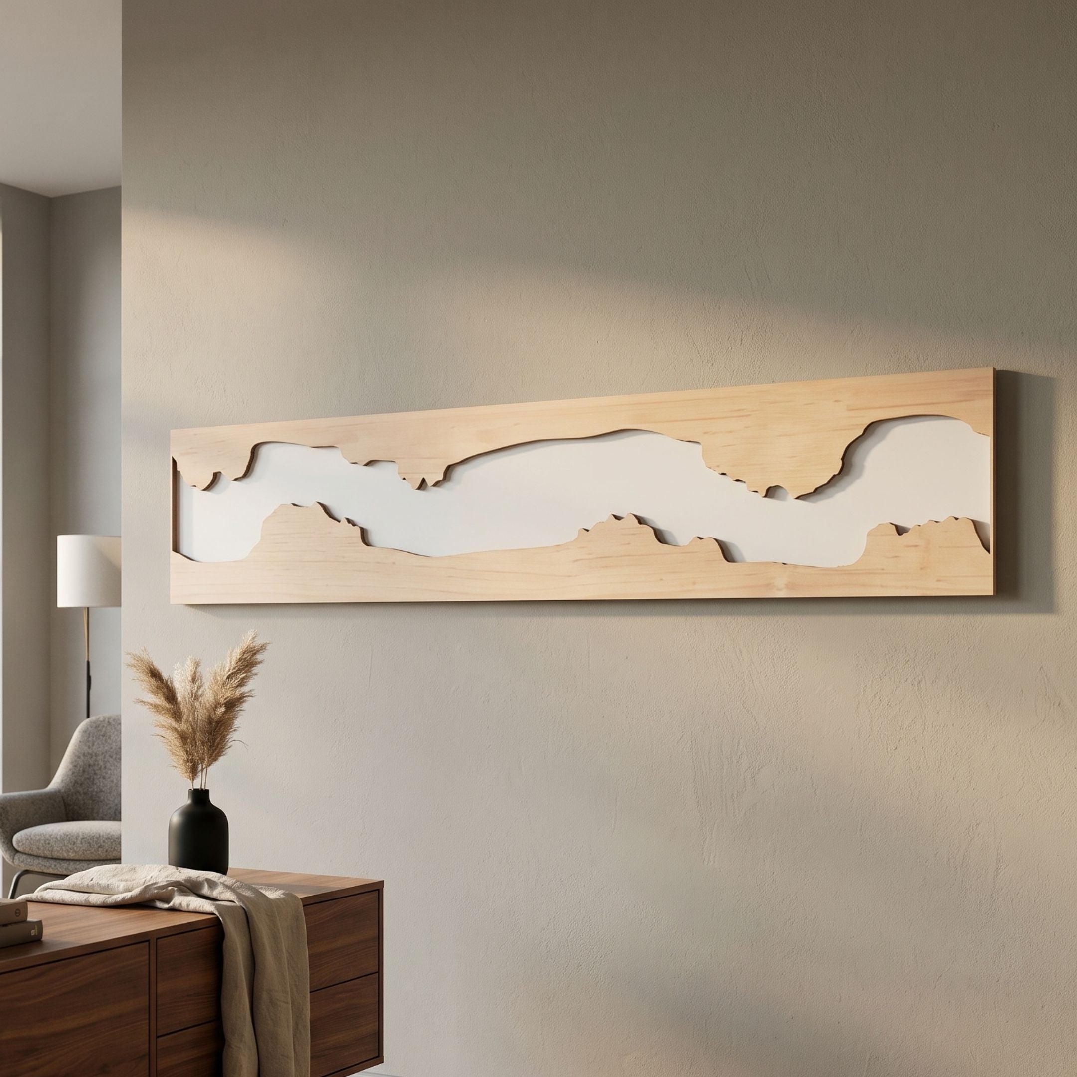 Stratara Beige Wood Carving Mirror Linear Wall Art by Giant Sculptures mounted horizontally above a walnut sideboard with pampas grass in a neutral living room.