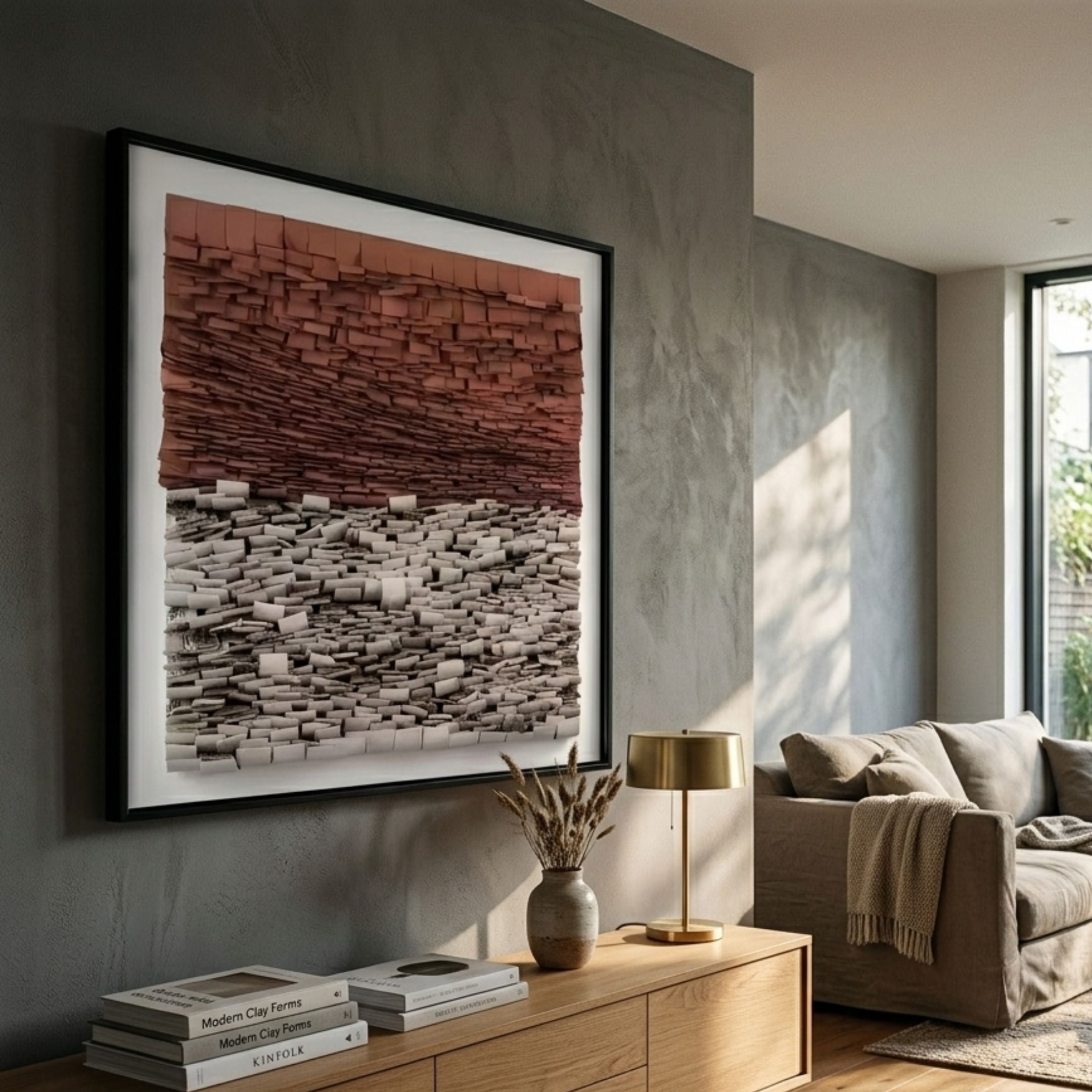 Terracova Red Earthy Layers Cardboard Square 3D Wall Art framed in black, displayed above an oak console with brass lamp and linen sofa in a modern living room.