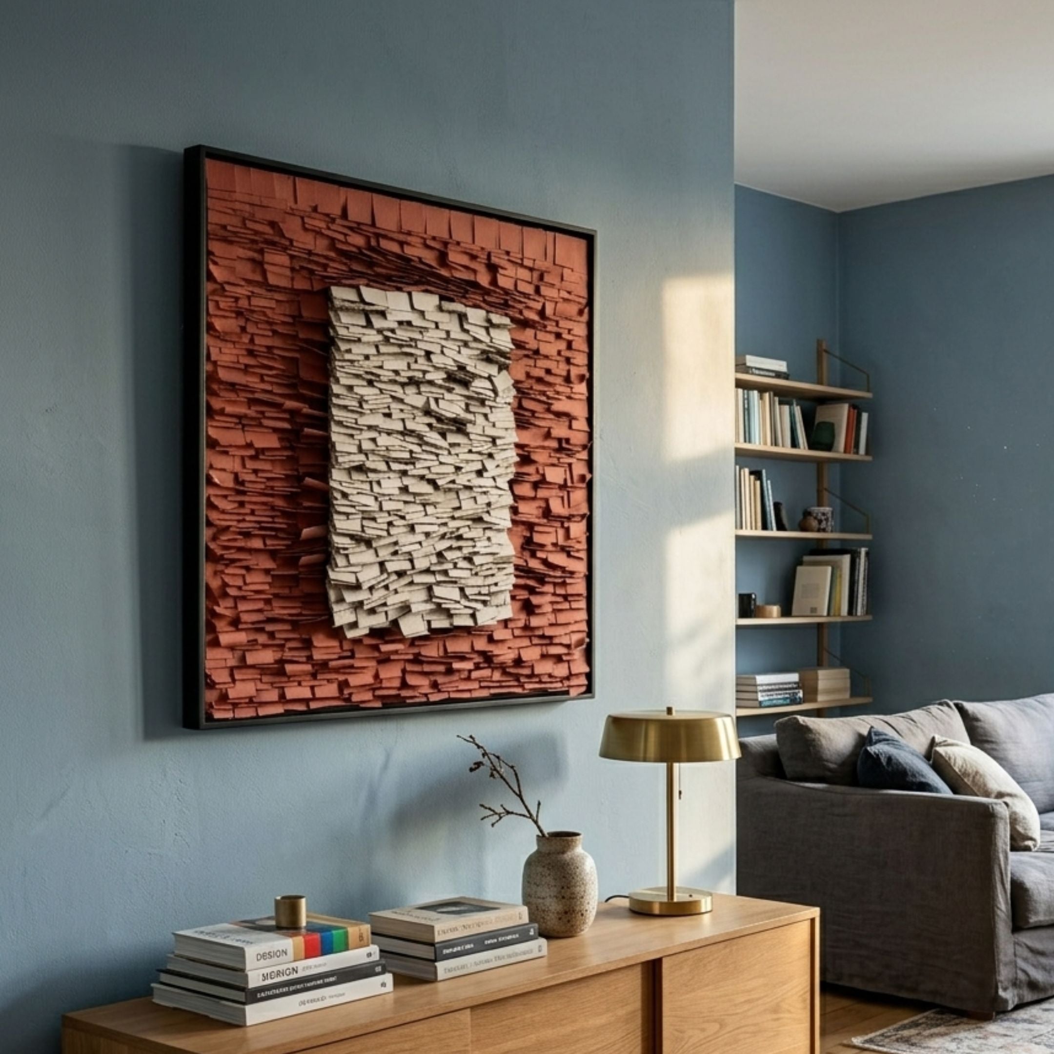 Terracova Red Frame Textured Cardboard Square 3D Wall Art by Giant Sculptures displayed on a blue living room wall above a wooden sideboard with brass lamp.
