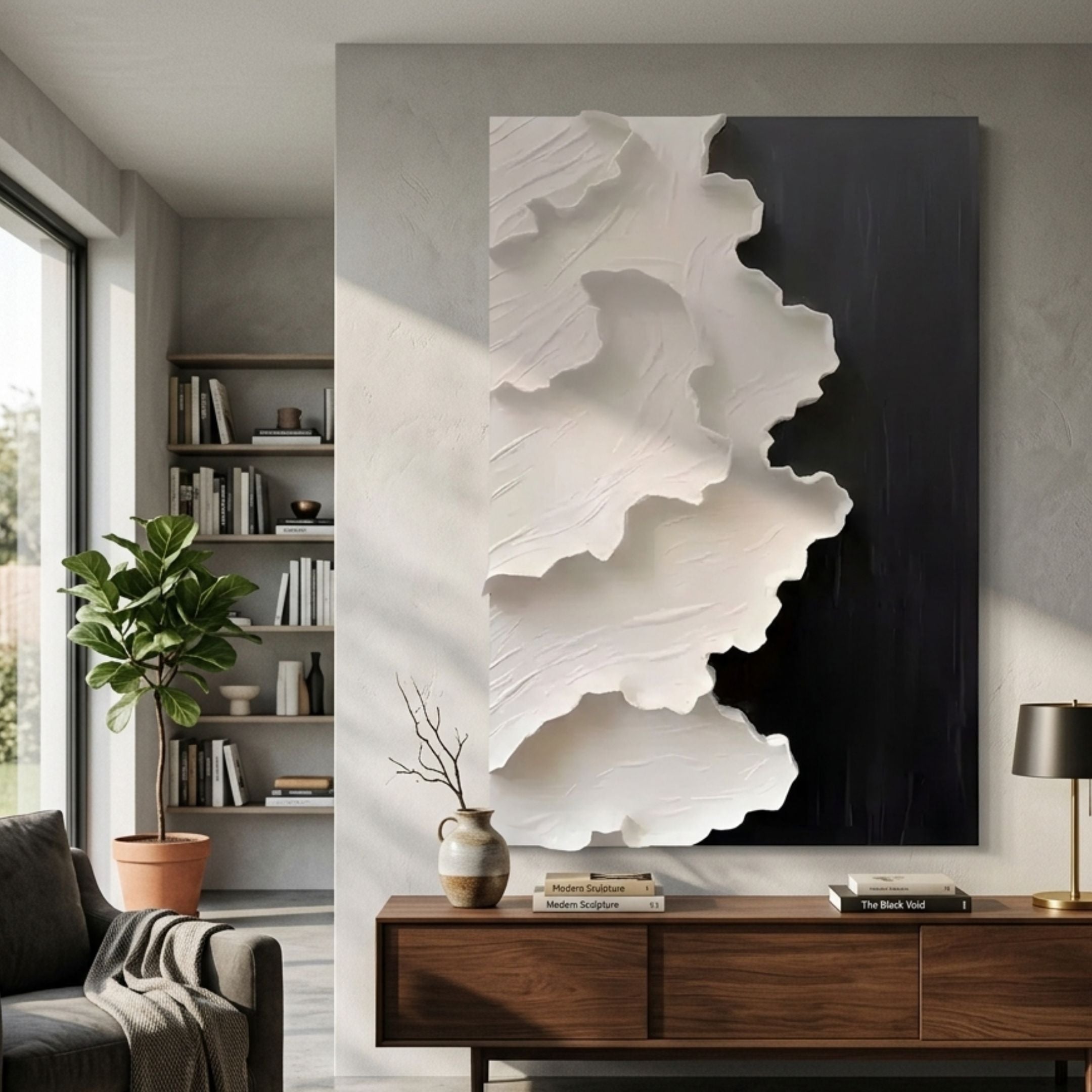 Stratura III Black & White Layered Paper Canvas Wall Art by Giant Sculptures mounted above a walnut console in a modern living room with bookshelves.