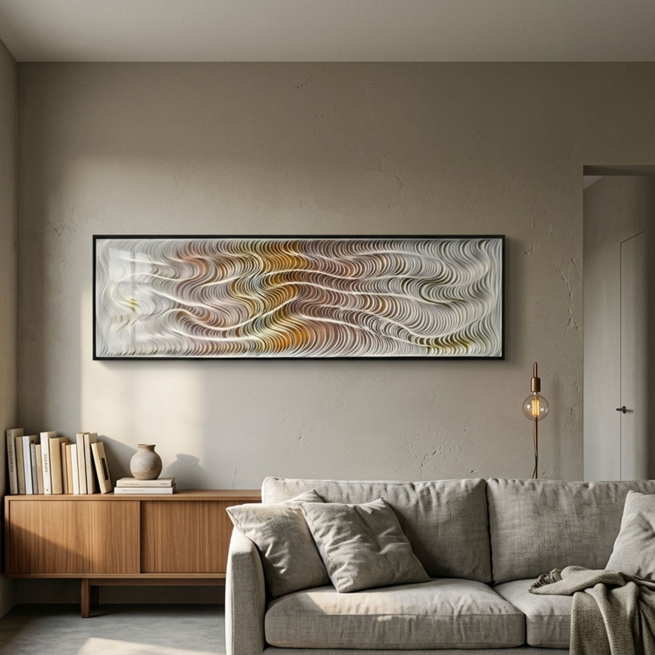 Fluenta Sunlit Ripple Linear Cardboard 3D Wall Art by Giant Sculptures in black frame above a wooden sideboard and grey sofa in a warm modern living room.